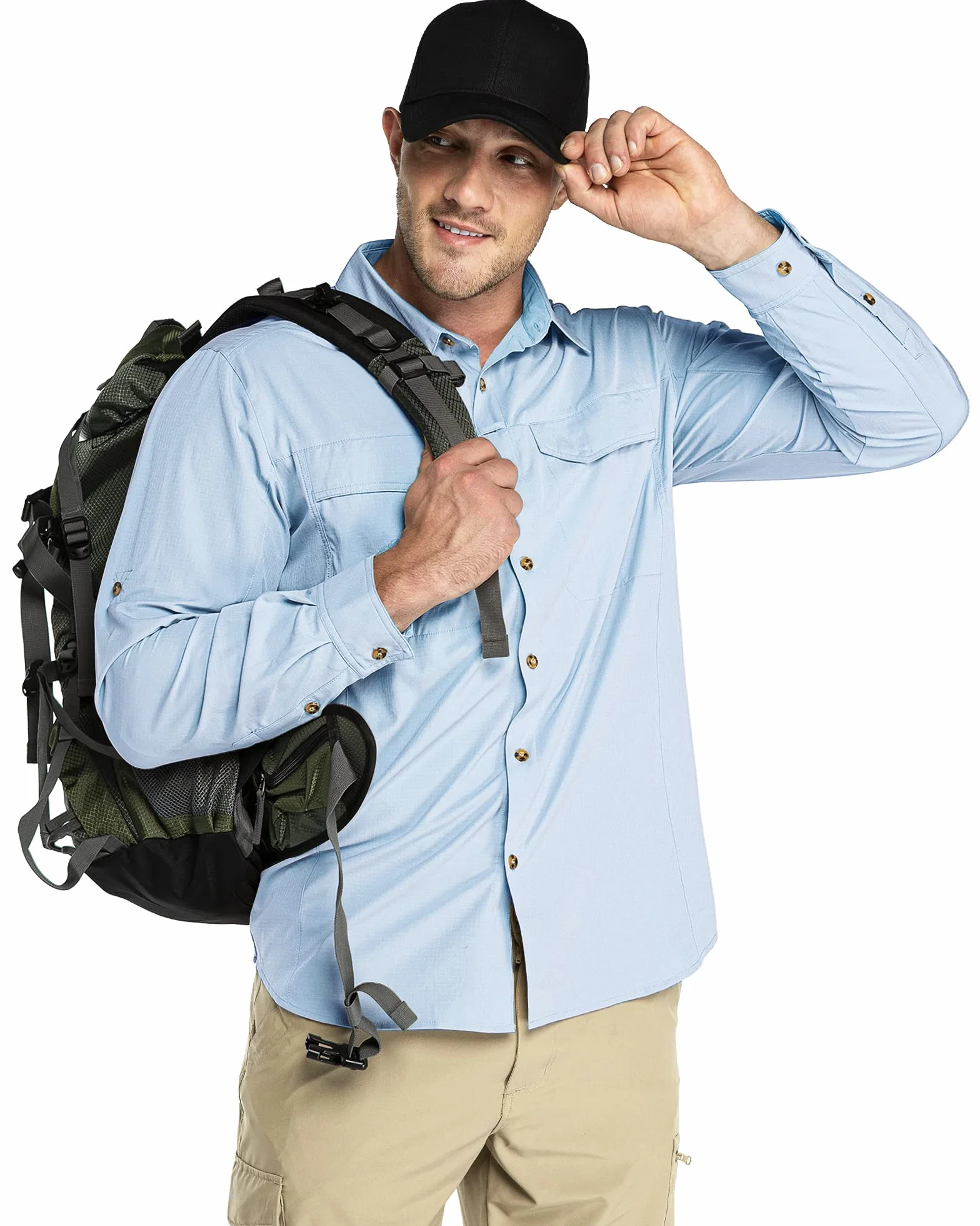 Outdoor Ventures Męska koszula rekreacyjna, z długim rękawem, oddychająca, szybkoschnąca, funkcyjna, męska, na wiosnę i lato, ochrona przed promieniowaniem UV