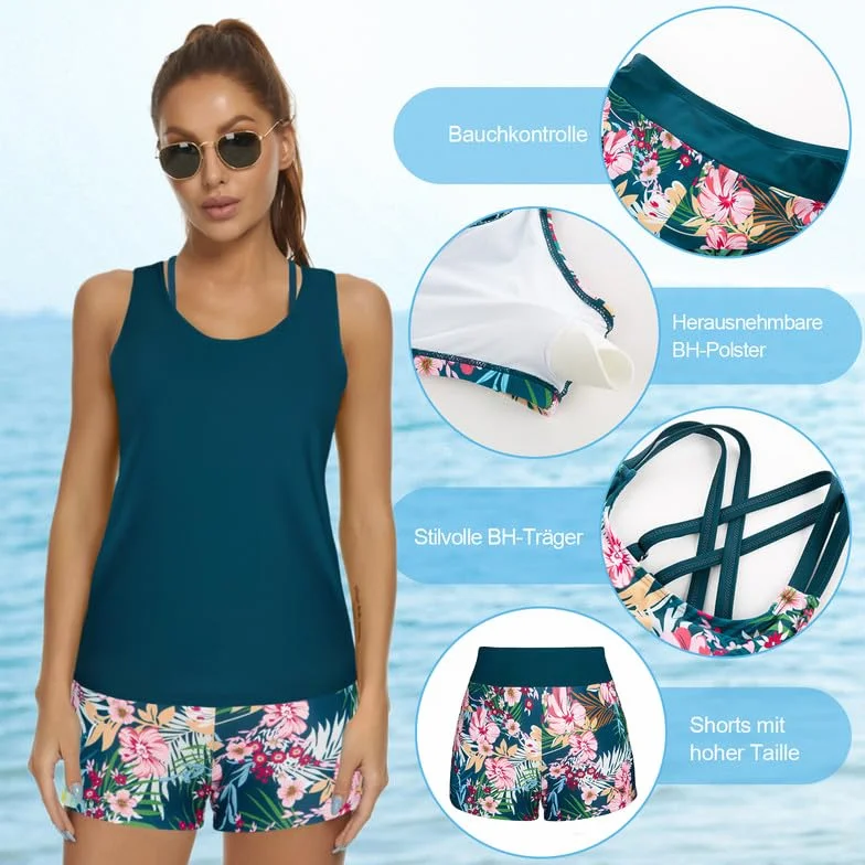 JASAMBAC 3-częściowy damski tankini wyszczuplający brzuch, push up bikini i szorty kąpielowe z wysokim stanem, proste stroje kąpielowe, damski sportowy strój kąpielowy,