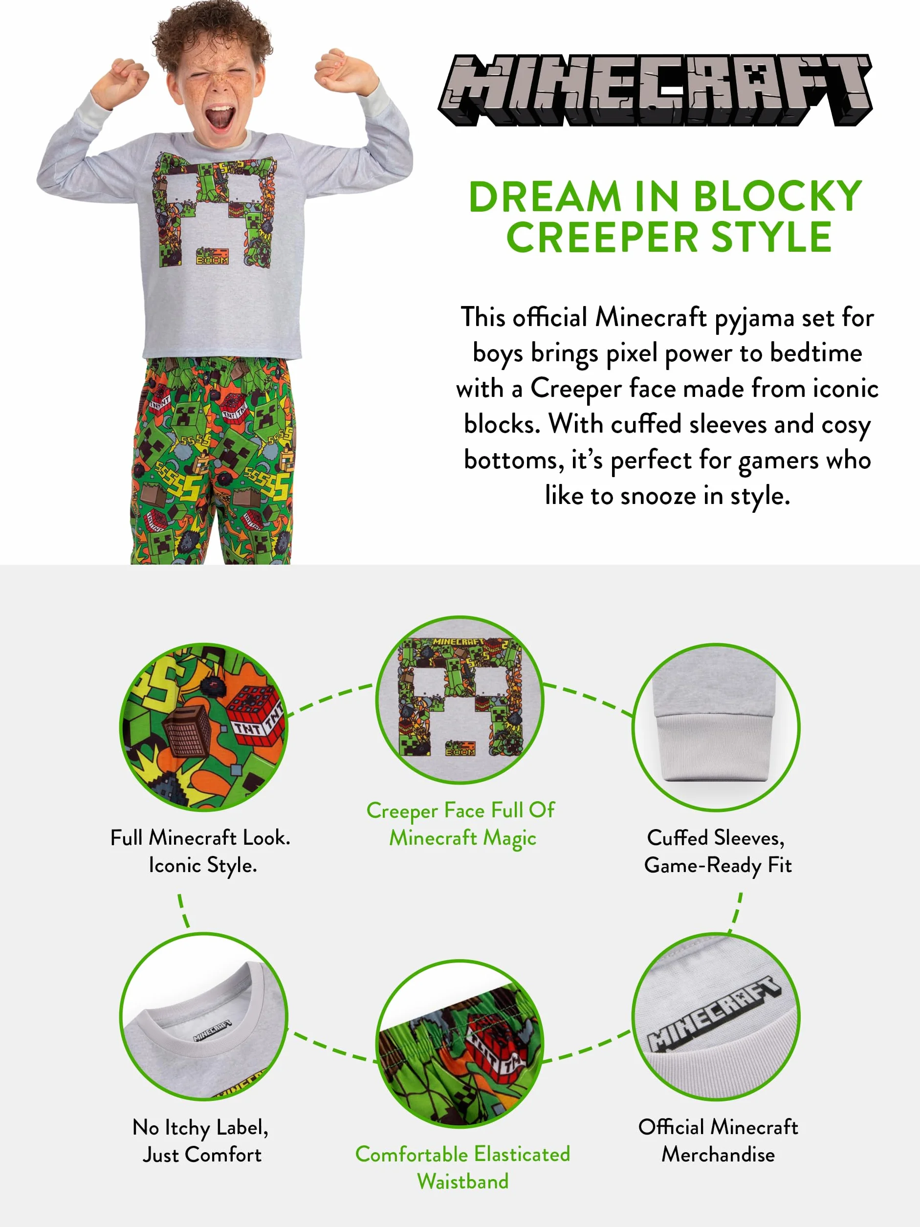 Minecraft Piżama Chłopców, Piżama Chłopięca Creeper, Zestaw Piżamy Dziecięca Z Długim Rękawem