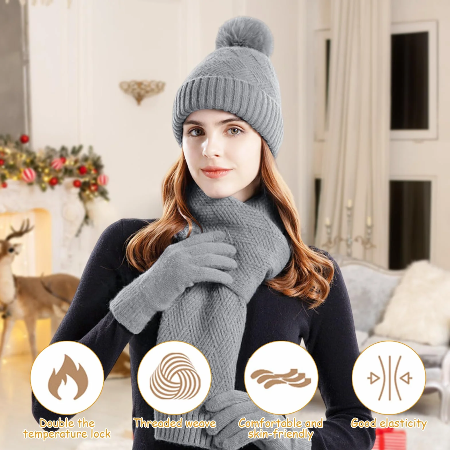 Damska czapka, szalik, zestaw zimowy, szalik, rękawiczki, zestaw dla kobiet, termiczna czapka zimowa, czapka z dzianiny, czapka beanie z pomponem, szale, rękawiczki zimowe z dzianiny
