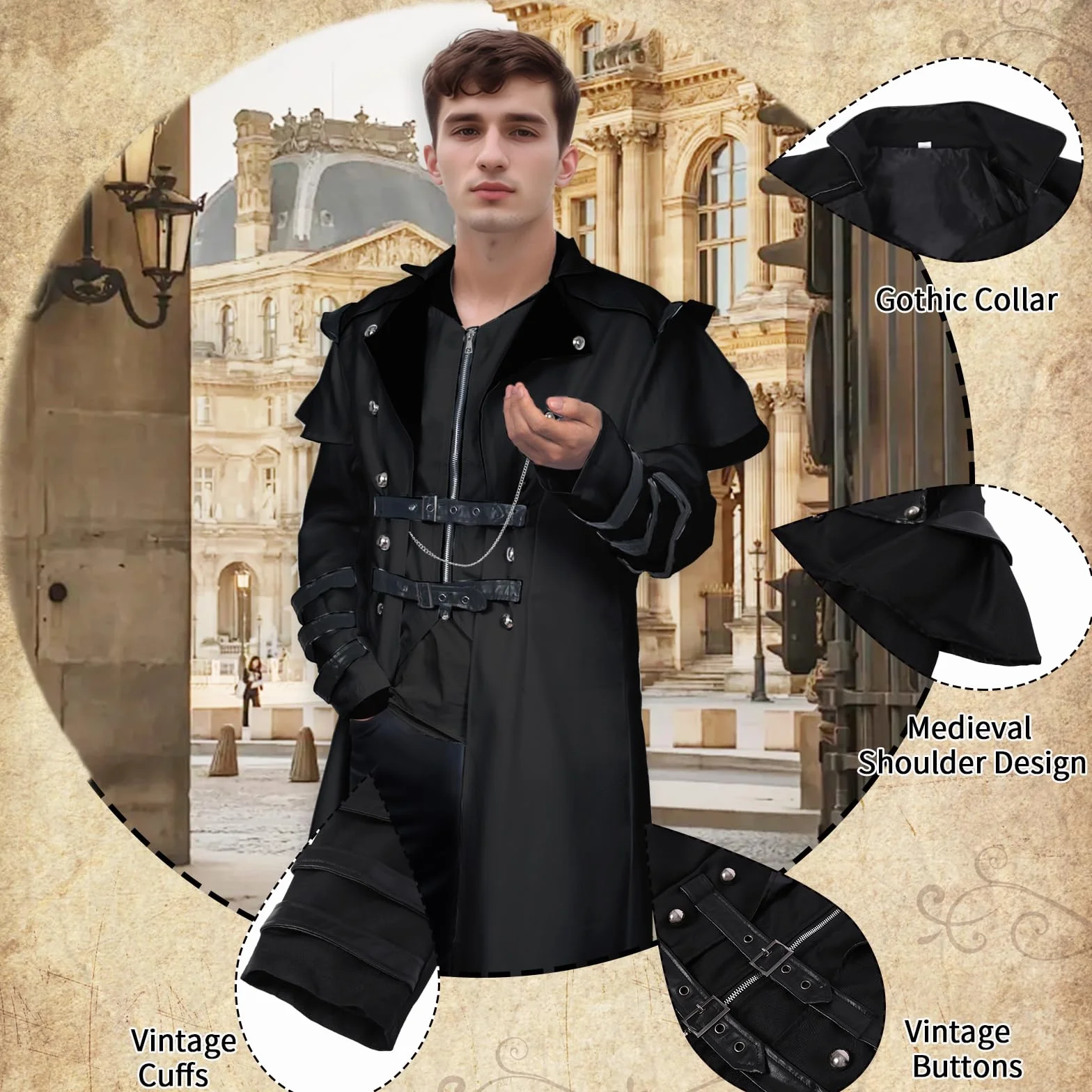 Męska odzież renesansowa w stylu retro, średniowieczna, steampunk, gotycki frak, płaszcz na podwórko, kostium Cosplay, mundur dla mężczyzn na Halloween, karnawał