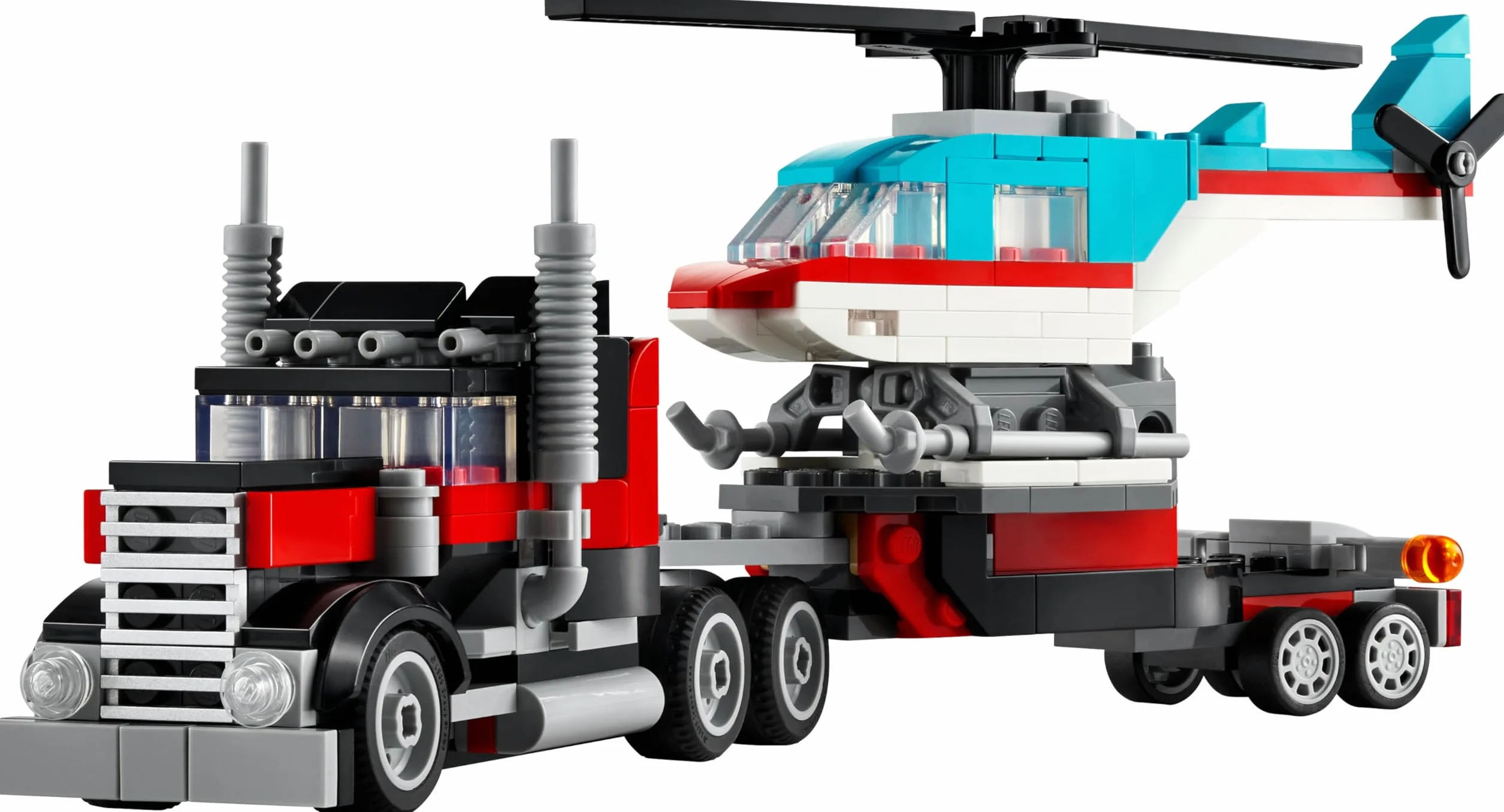 LEGO Creator 3w1 Ciężarówka z platformą i helikopterem do przebudowania na śmigłowiec i cysternę oraz w hot roda i SUV-a, zabawka i prezent dla dzieci, dla 7-latka, chłopca i dziewczynki, 31146