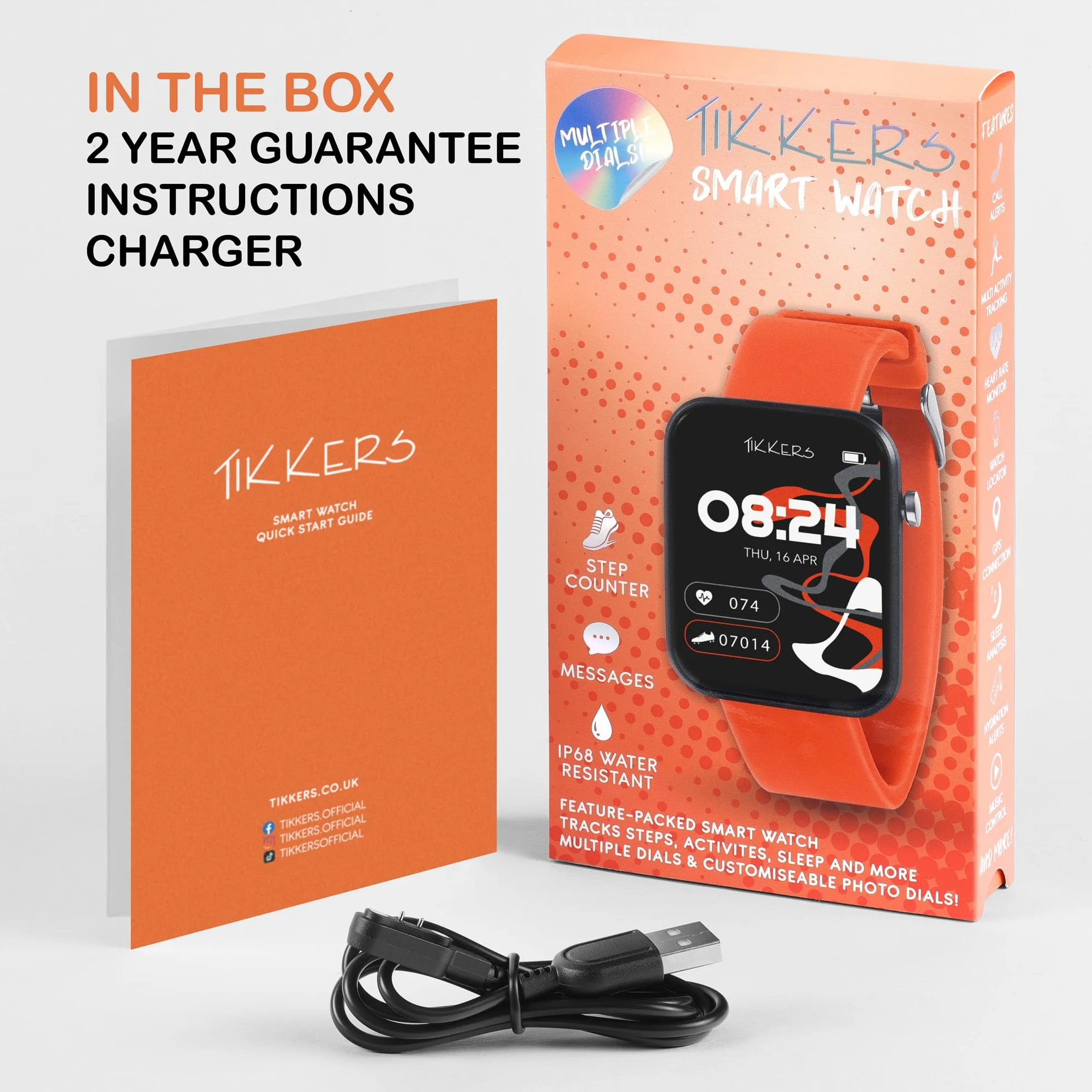 Tikkers Kids Series 13 Smart Watch z trackerem fitness, budzikiem, kamerą, połączeniem GPS, pulsometrem, licznikiem kroków, ekranem dotykowym, pomarańczowym paskiem silikonowym, pomarańczowy, Jeden