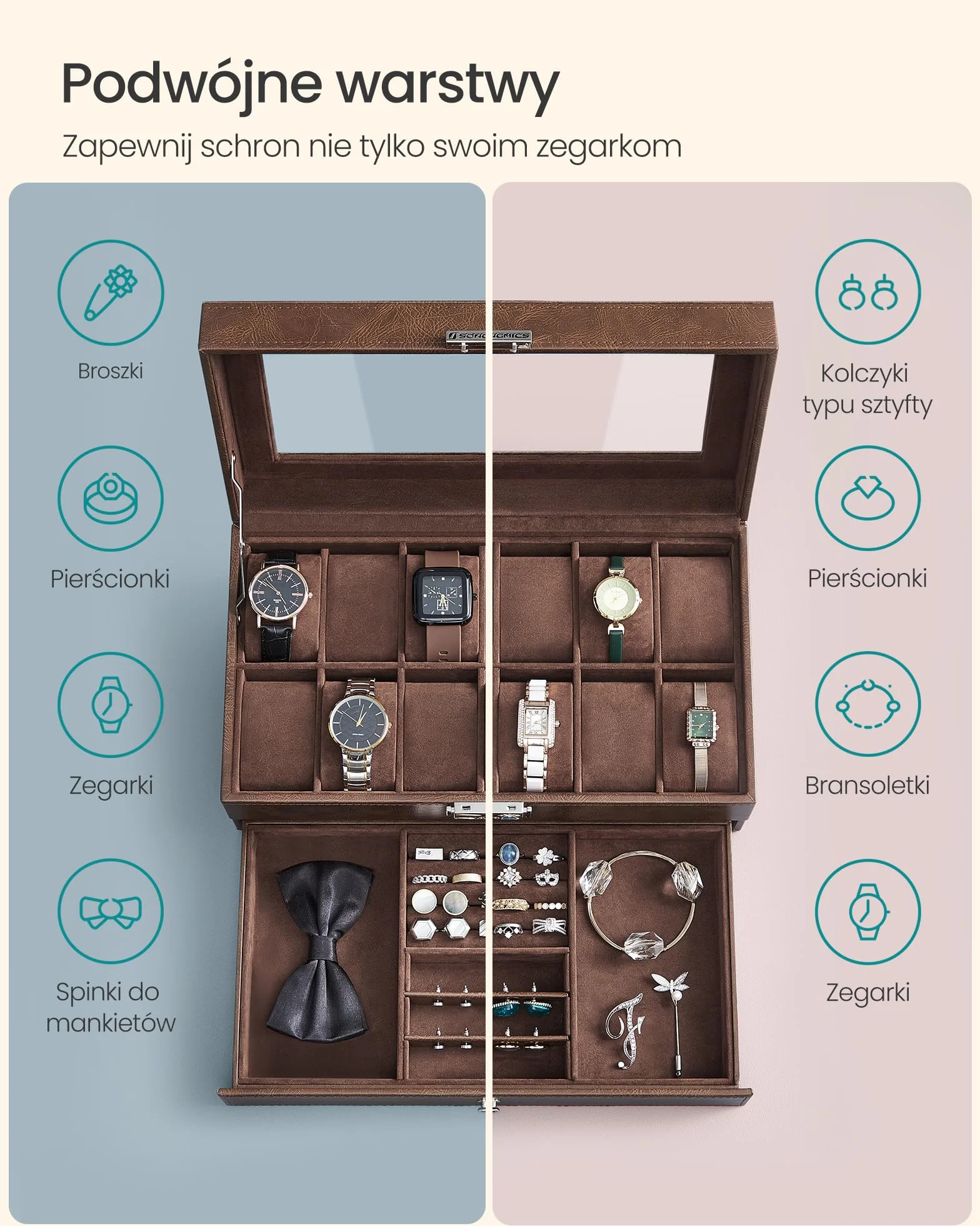 SONGMICS Pudełko na zegarki z 12 przegródkami, szklana pokrywa, zamykane, 2 poziomy, 1 szuflada, na pierścionki/bransoletki, na prezent