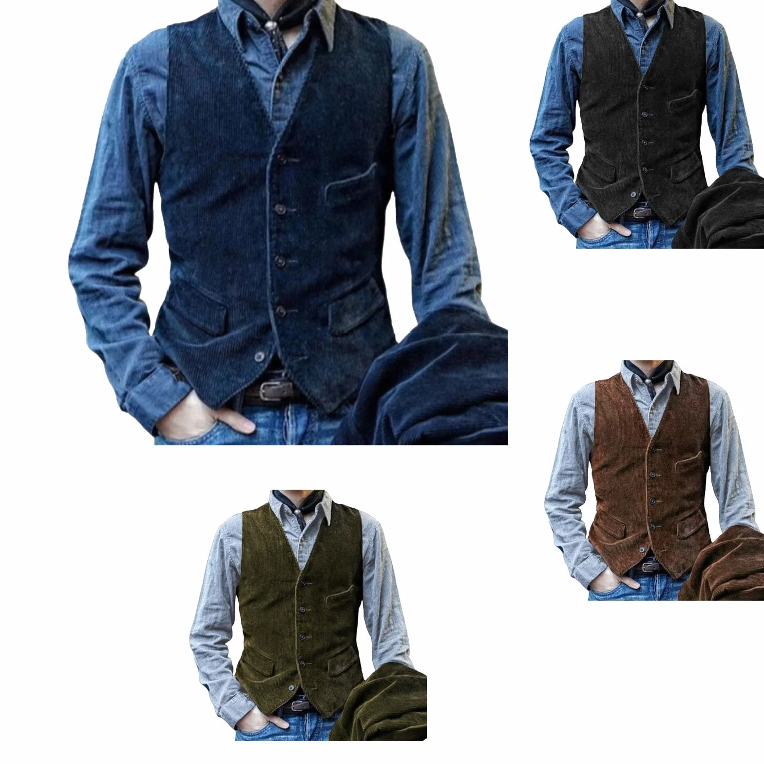Męska kamizelka sztruksowa w stylu retro, na co dzień, slim fit, jednorzędowa kamizelka z dekoltem w serek, retro i na co dzień