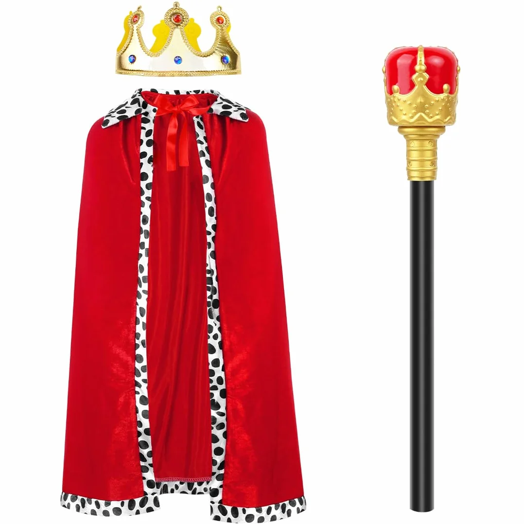 O-Kinee 3 sztuki kostiumu króla dla dorosłych, korona, królewska peleryna, płaszcz królewski, czarne berło królewskie, akcesoria do przebierania się na karnawał, Halloween, imprezę tematyczną