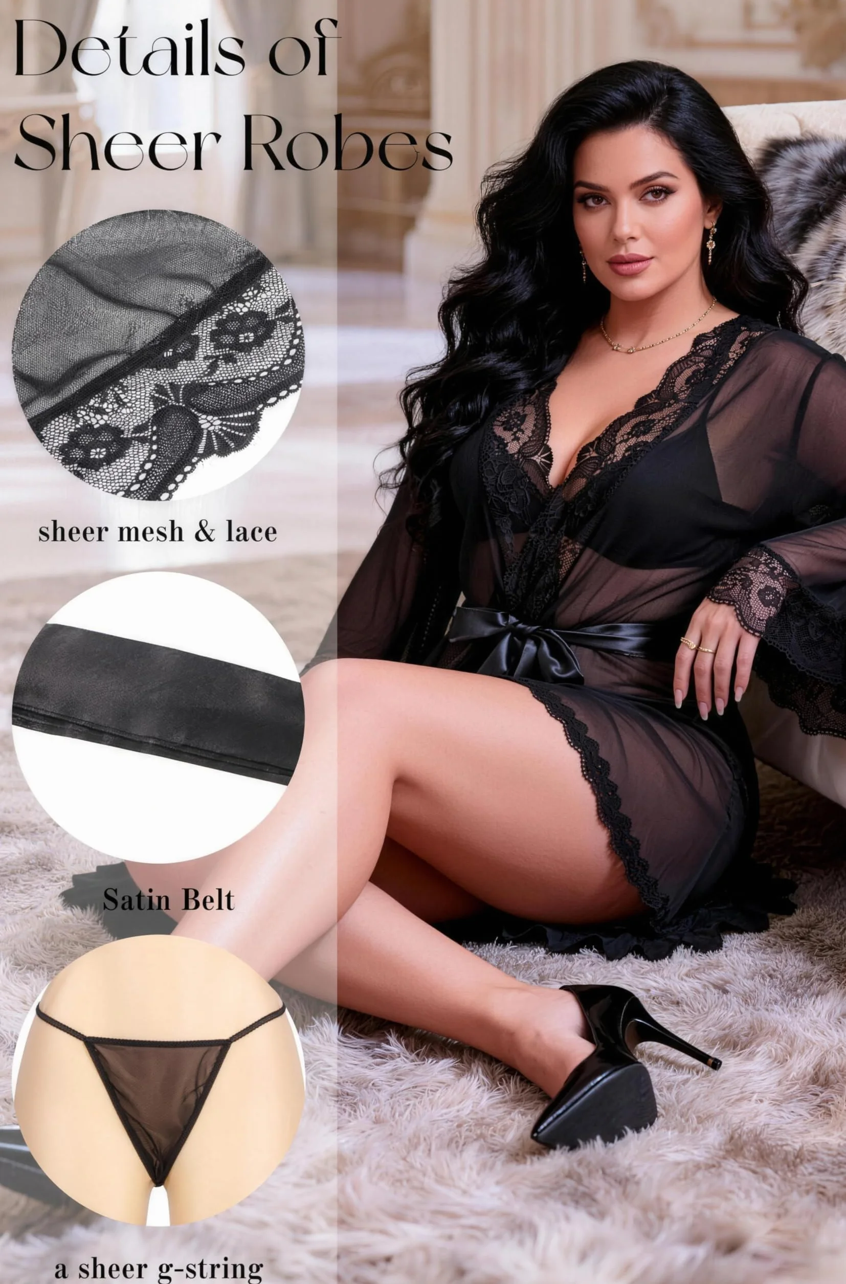 comeondear Kimono damskie seksowne koronkowe erotyczny szlafrok poranny krótki piżama dla kobiet, pulchne negliże, duże rozmiary, bielizna Curvy, przezroczysta, babydoll, płaszcz nocny z paskiem,