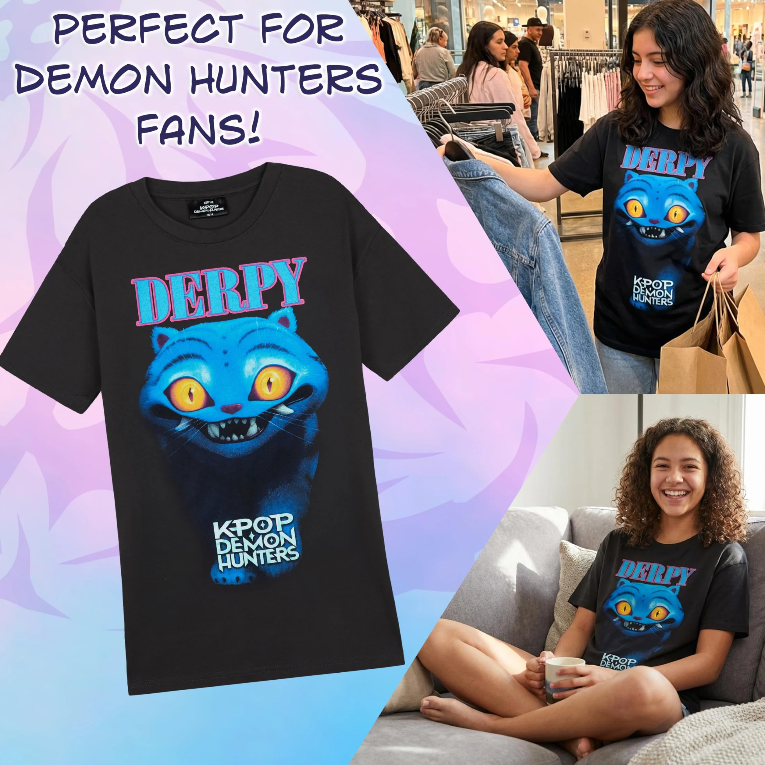 KPop Demon Hunters T-shirt dla dziewcząt i nastolatków, z krótkim rękawem, okrągły dekolt, anime demon hunter merch, prezent dla dziewczynek