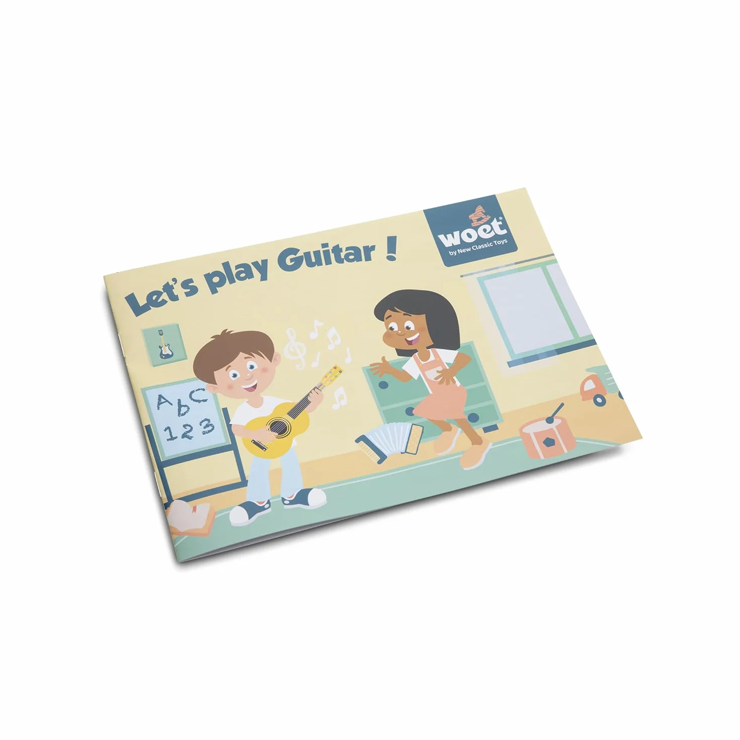 New Classic Toys NCT-0344 drewniana gitara zabawka dla małych dzieci 3 chłopcy i dziewczęta prezenty dla dzieci, instrumenty muzyczne dla dzieci trzyletnia inkluzywna książka muzyczna, natura