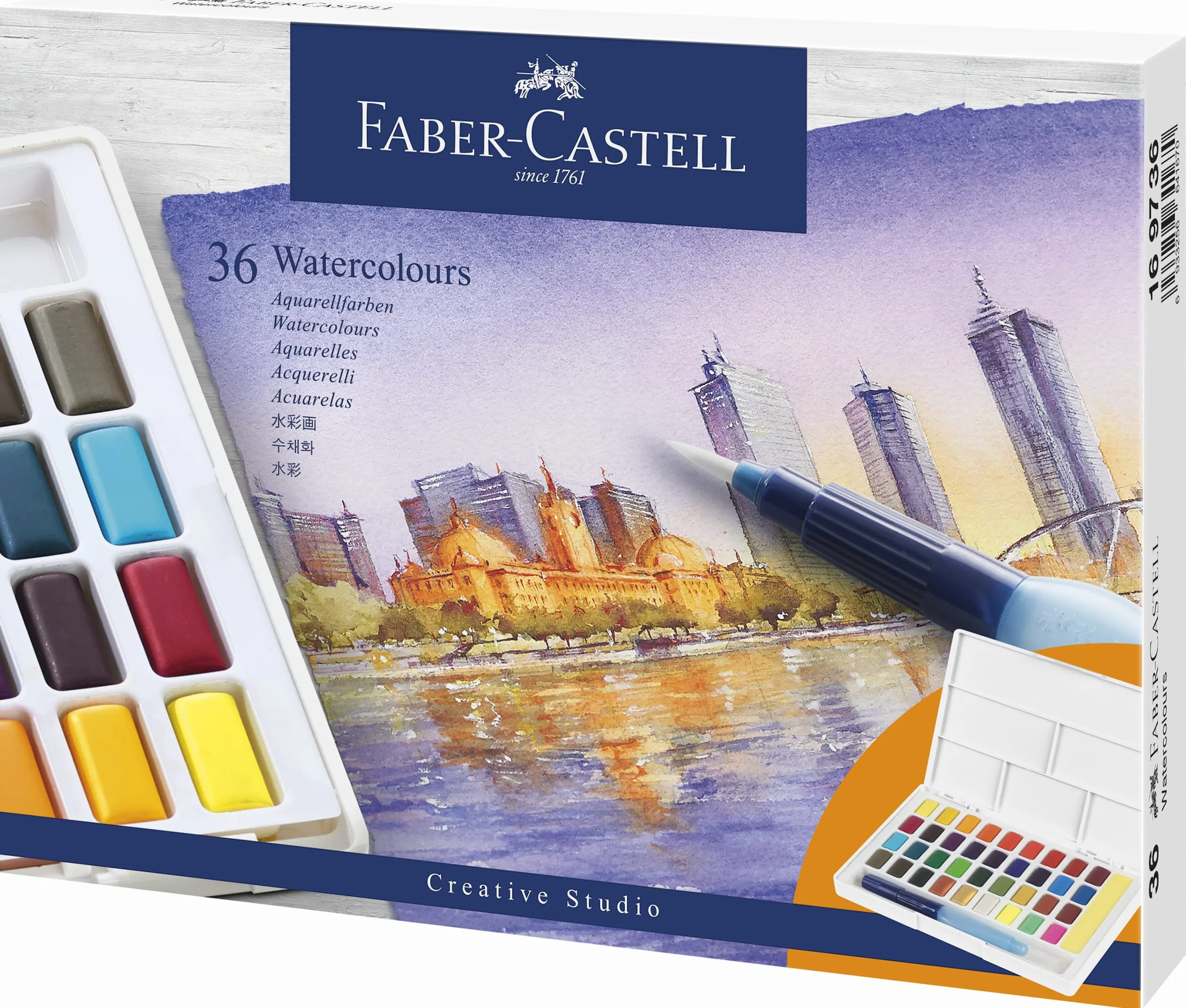 FABER-CASTELL 169736 – Farby akwarelowe, 36 sztuk w kubeczkach, wraz z pędzelkiem z zbiornikiem na wodę