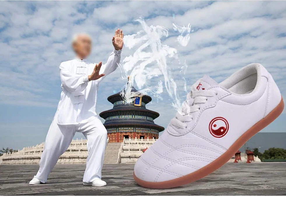Tai Chi Kung Fu buty do sztuki walki tradycyjne Qi Gong pekiński trener skrzydeł Chun kapcie z klasyczną ikoną Tai Chi podeszwa Oxford dla mężczyzn kobiet - skóra bydlęca