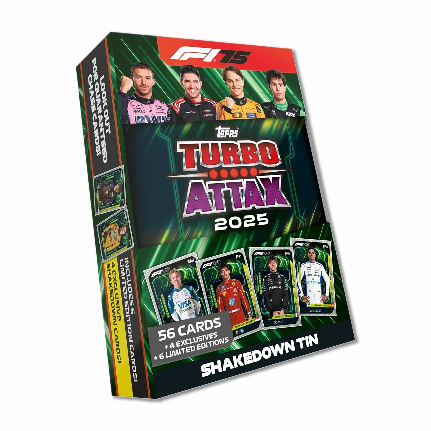 Topps Turbo Attax Formula 1 2025 - Mega puszka - Shakedown – zawiera 66 kart, w tym 6 kart LE i 4 ekskluzywne karty