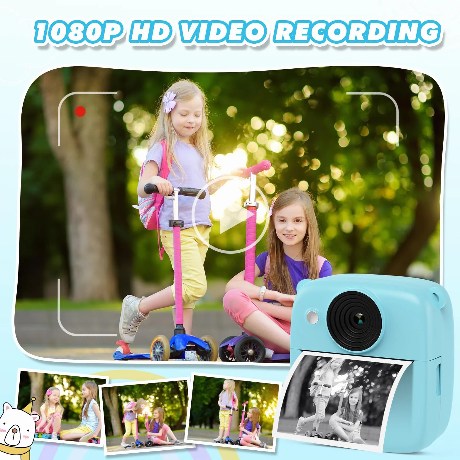 CalineGam Aparat do natychmiastowego druku dla dzieci, 48 MP Dziecięce Cyfrowe Kamery Wideo z Kartą 32 GB i Papierem Fotograficznym, Prezenty dla dziewczynek w wieku 3-12 lat i chłopców (Niebieski)