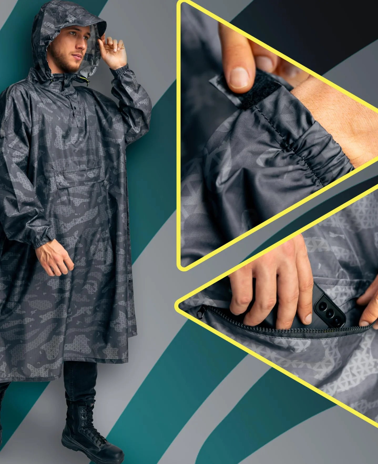 Jubi® Ponczo przeciwdeszczowe męskie ze 100% poliestru z recyklingu – szare, trwałe, lekkie i wodoodporne, szary, Rozmiar uniwersalny