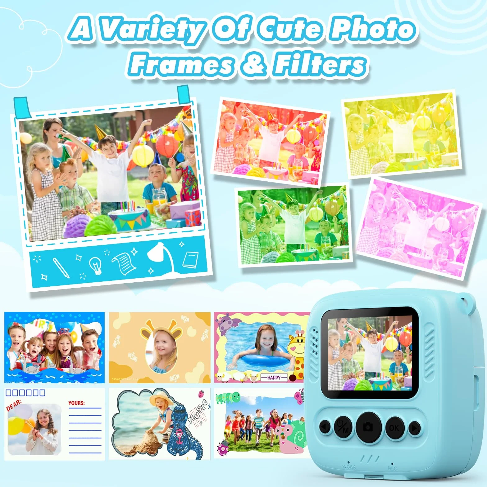 CalineGam Aparat do natychmiastowego druku dla dzieci, 48 MP Dziecięce Cyfrowe Kamery Wideo z Kartą 32 GB i Papierem Fotograficznym, Prezenty dla dziewczynek w wieku 3-12 lat i chłopców (Niebieski)