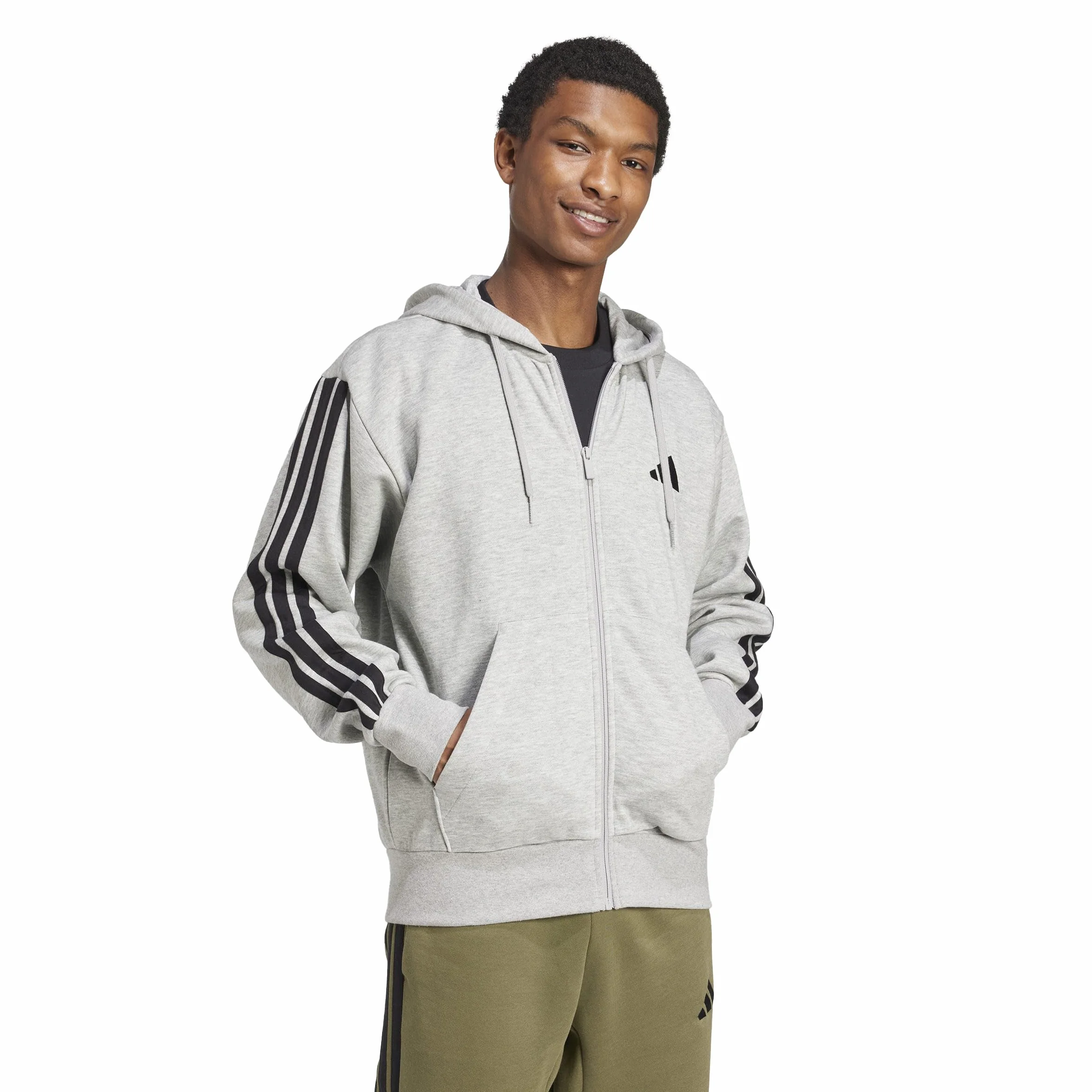 adidas Mężczyźni ESSENTIAL THREE STRIPES FLEECE ZIPPER HOODIE, medium grey heather/black, M