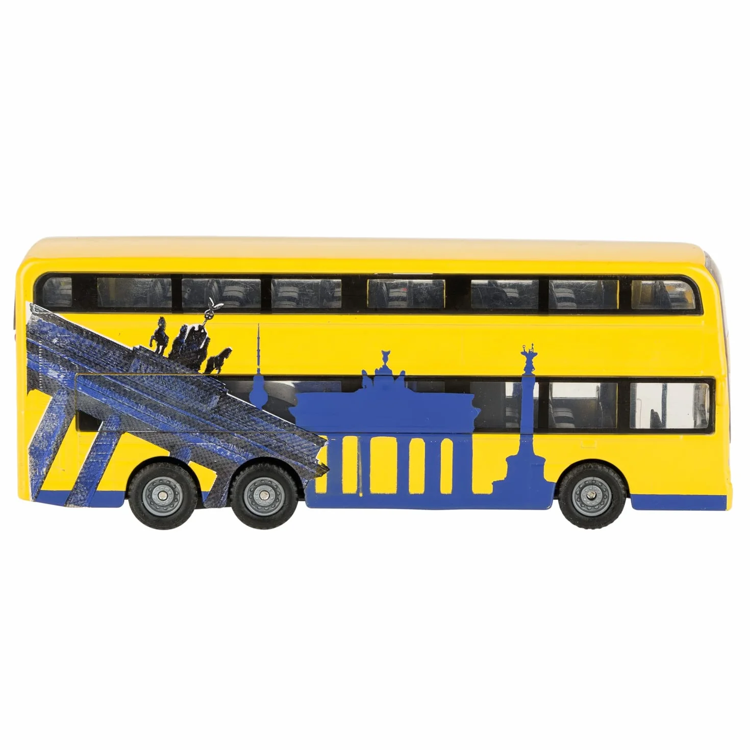 Idena 40107 - model autobusu berlińskiego dwupokładowego, z silnikiem cofania, ok. 18,5 x 13,5 x 4,5 cm, żółty, jako zabawka, typowy pamiątka lub popularny przedmiot kolekcjonerski