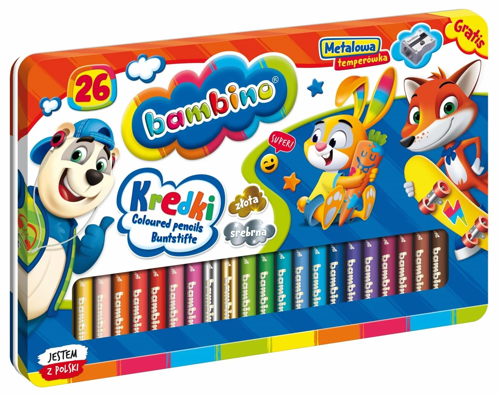 Kredki Bambino drewniane 26 kolorów + temperówka w opakowaniu metalowym