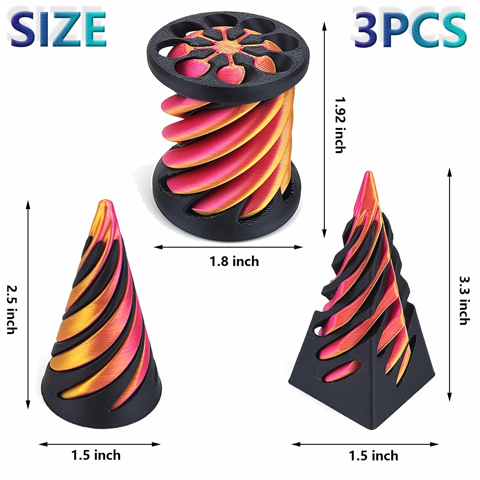 3 sztuki zabawka fidget w kształcie spiralnego stożka z drukiem 3D, The Impossible Cone Pyramid zabawka spiralna, zabawki fidget dla dorosłych, zabawka antystresowa do łagodzenia lęku dla