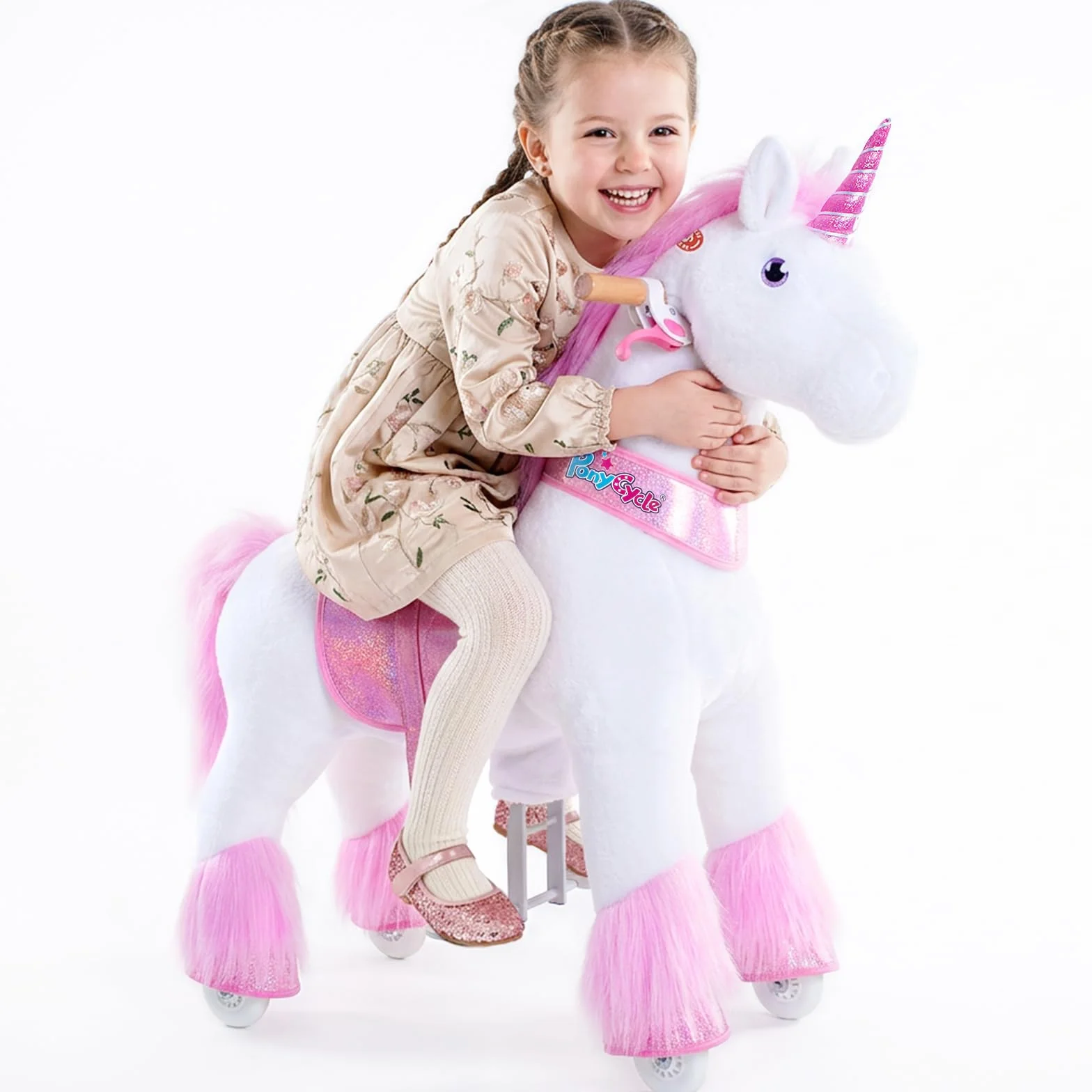 PonyCycle Klasyczny Model U jazda na jednorożcu, pluszak, jednorożec na kółkach (z hamulcem i dźwiękiem/90 cm wysokości/Rozmiar 4 dla wieku 4-7 lat), Różowy Jednorożec Ux402