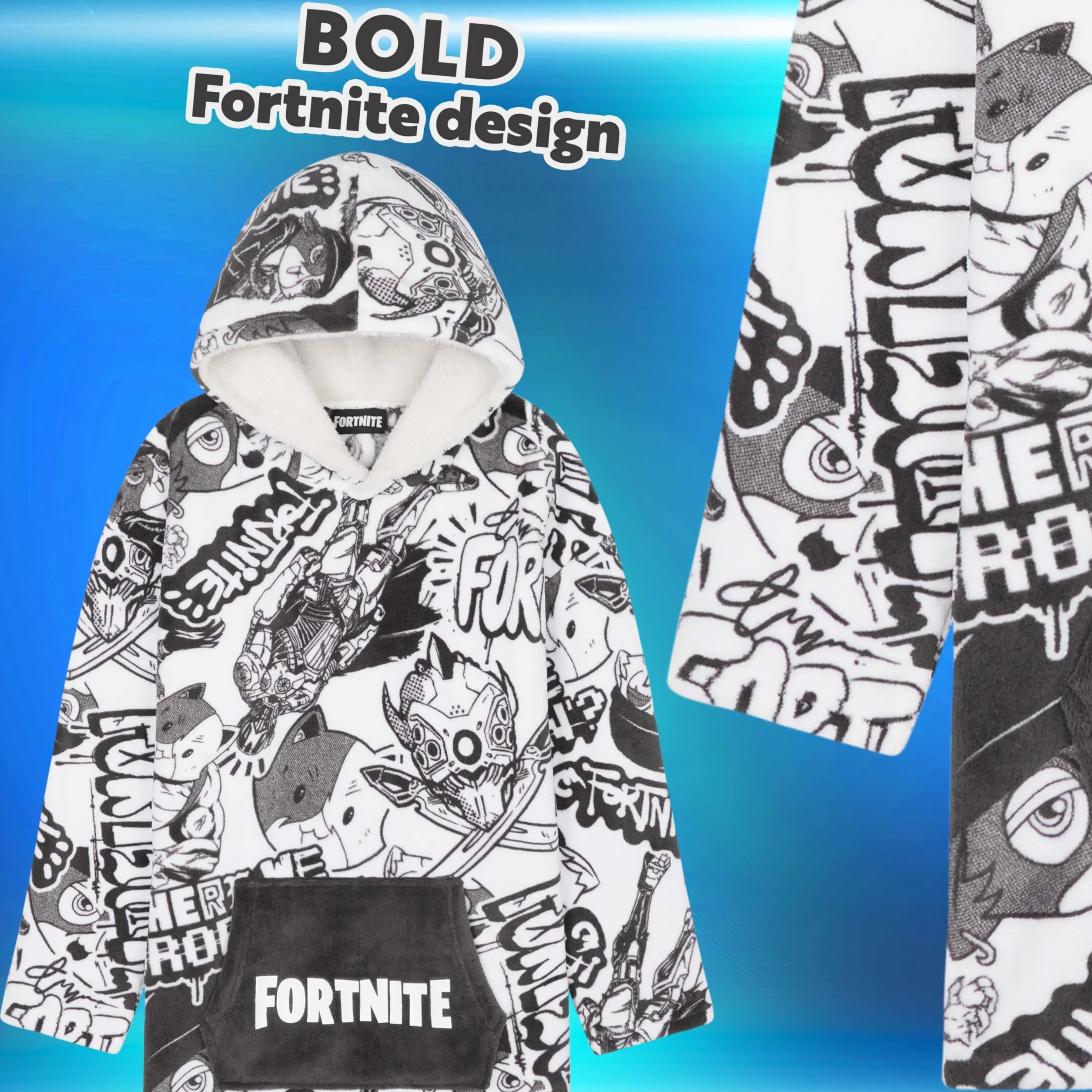 Bluza z kapturem dla dzieci Fortnite, bardzo duży rozmiar, miły koc z rękawami, ciepły polar, bluza dla graczy, przenośny koc z rękawami, szary, jeden rozmiar