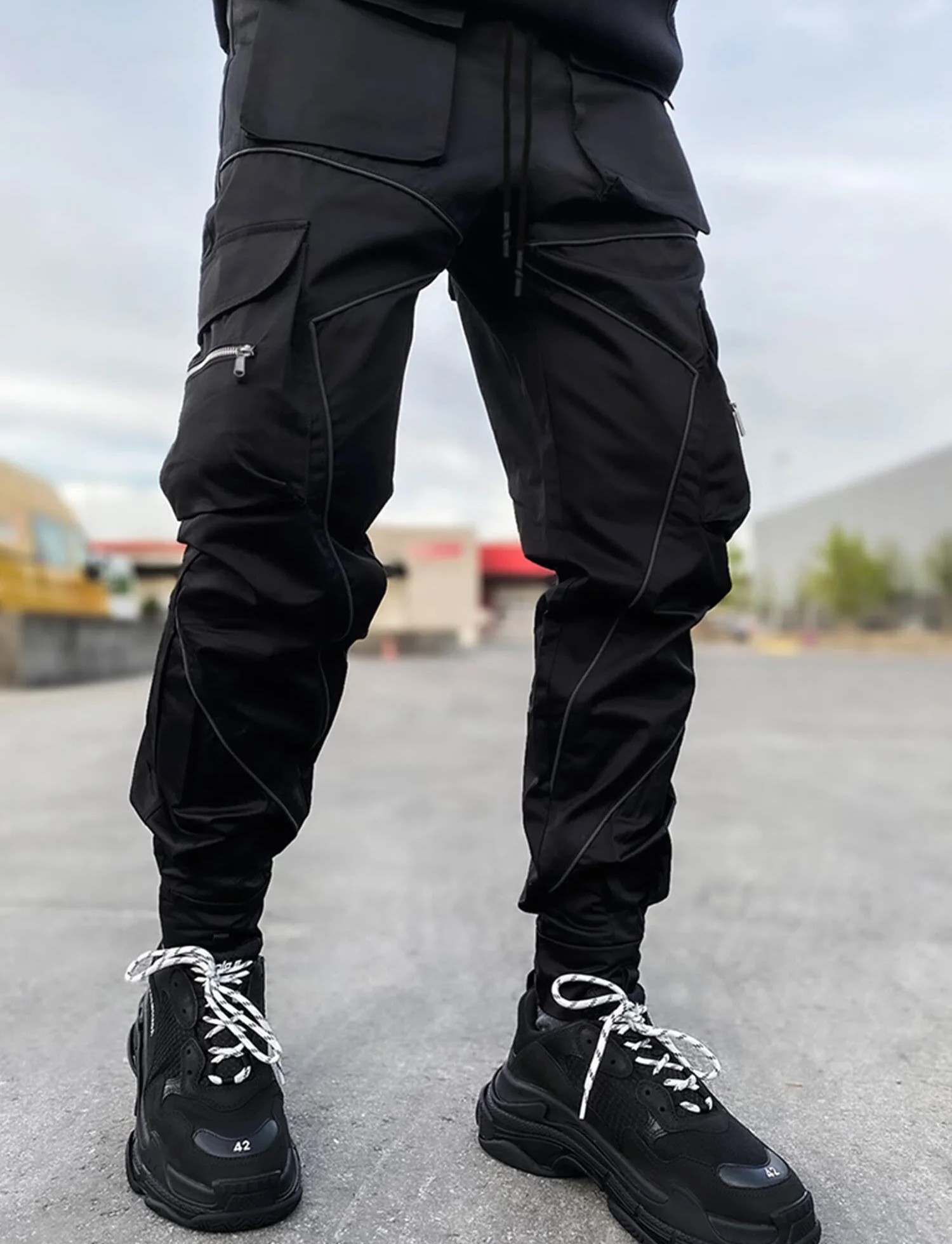 AIEOE Męskie spodnie cargo Hip Hop Techwear Cargo spodnie z odblaskowymi paskami, Streetwear Punk Pants Joggger spodnie do biegania z kieszeniami, gumowy ściągacz
