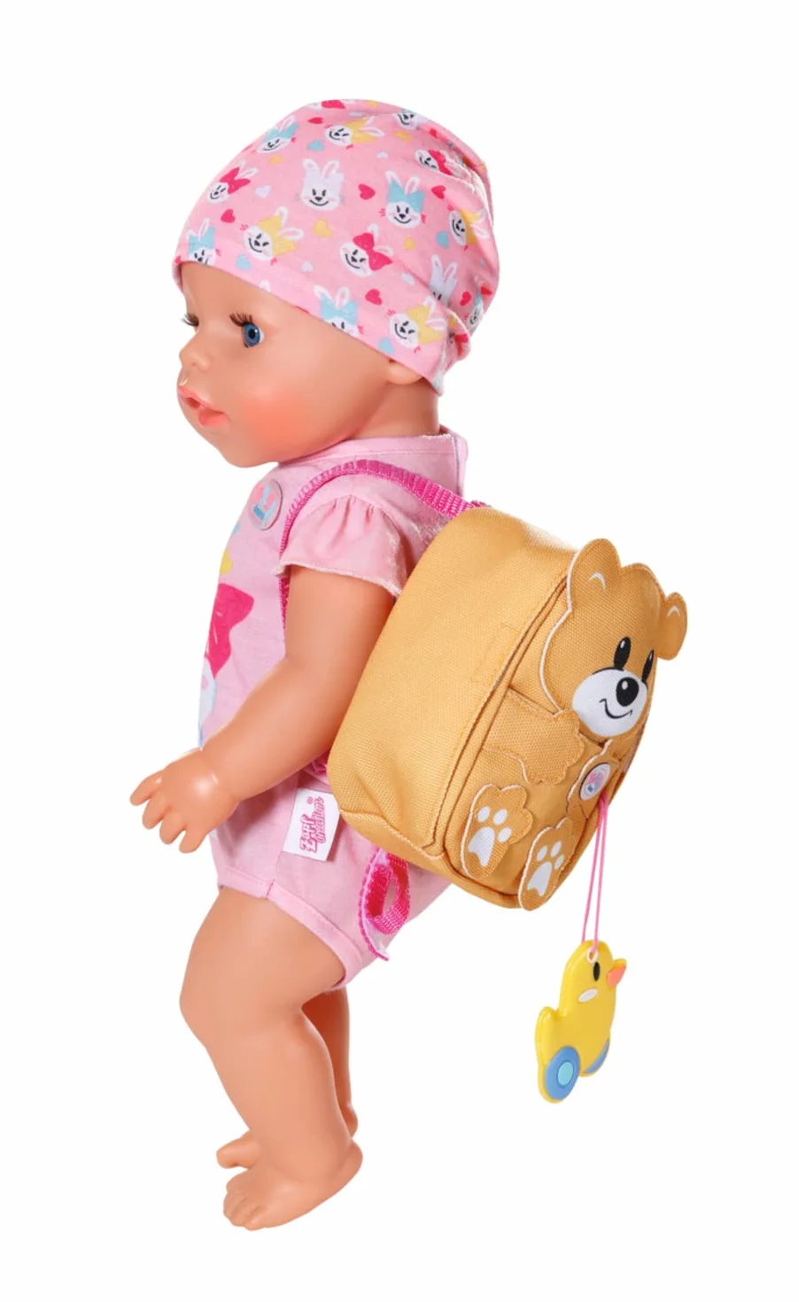 BABY born Zapf Creation 834961 plecak przedszkolny, zestaw 36 cm, żółty plecak dla lalek w kształcie misia, z pudełkiem na lunch i butelką do picia