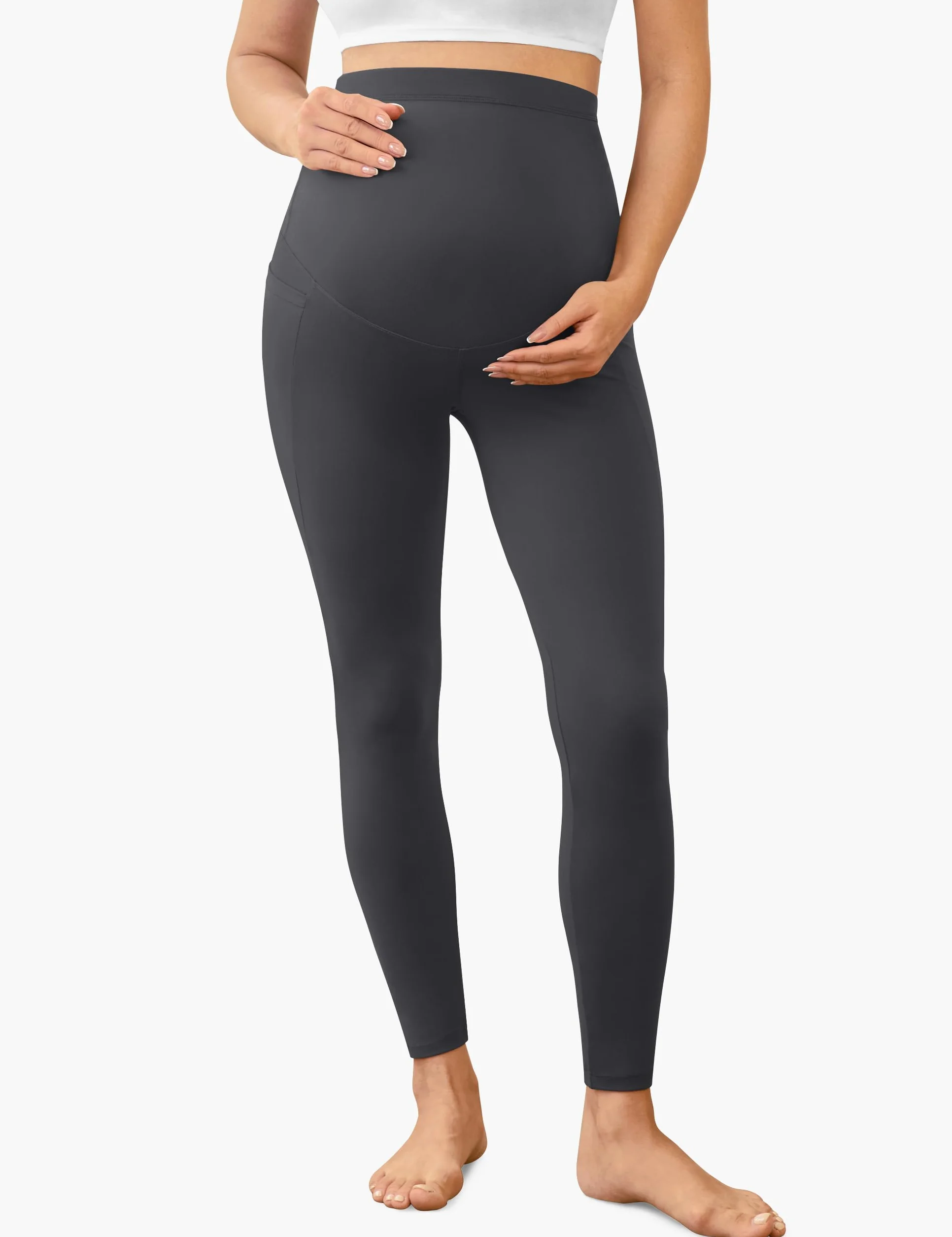 BAYDI Creamlush damskie legginsy ciążowe z kieszenią, wysoki stan, legginsy ciążowe, miękkie, elastyczne, moda ciążowa, do domu, jogi