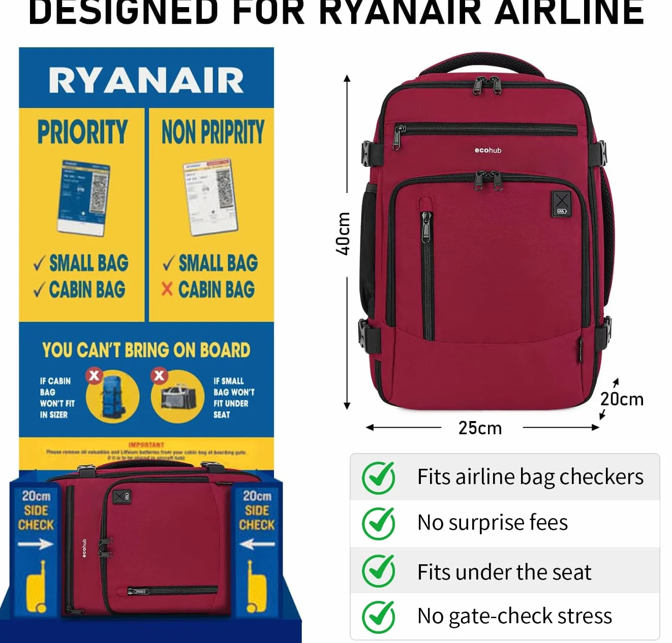 ECOHUB Ryanair Torba kabinowa 40x20x25 Plecak na bagaż podręczny Recyklingowany PET Eco Friendly Torba pod siedzenie 20L Patented(Czerwony)