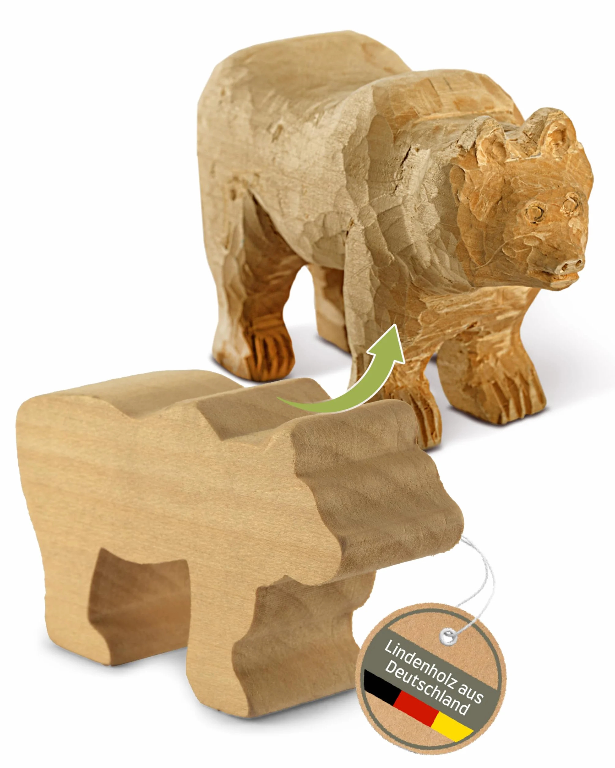 HOLZHELD Wykrojnik drewniany 1 duży miś 11,5 x 7 x 3,5 cm, frezowany blok z drewna lipowego, w zestawie instrukcja (może nie być dostępna w języku polskim) (e-book), "zrób to sam" dla dzieci i dorosłych