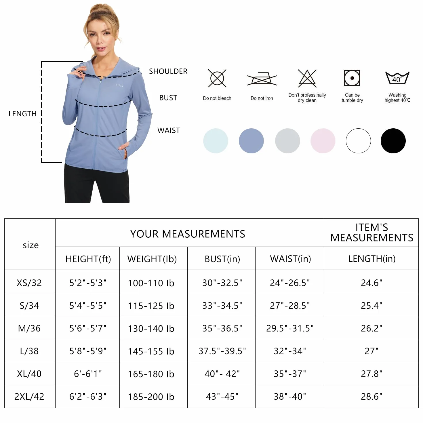 Libin Damska bluza z kapturem z zamkiem błyskawicznym UPF 50+, ochrona przed słońcem, długi rękaw, koszulka przeciwsłoneczna, wędrówki, aktywności na świeżym powietrzu, z kieszeniami