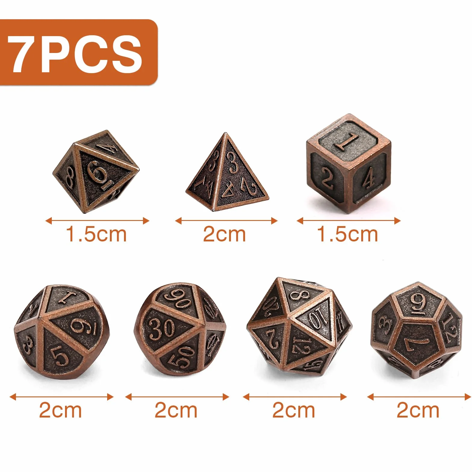 GWHOLE 7 sztuk wielościennych kostek metalowych, DND, zestaw kostek, kostka do gry, akcesoria do lochów i smoków, do RPG, MTG, odgrywania ról, antyczna miedź