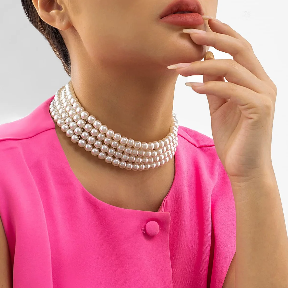 JKJF Naszyjnik z imitacji pereł, 4 rzędy koralików, choker, wielowarstwowy łańcuszek, elegancki, modny, krótki łańcuszek z pereł, retro, na karnawał, akcesoria dla kobiet i dziewcząt, Perła, Imitacja