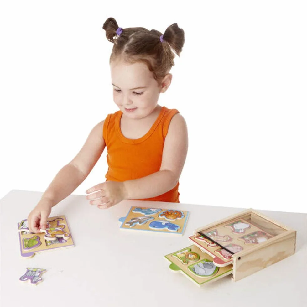 Melissa & Doug – zestaw drewnianych miniukładanek ze zwierzętami (cztery czteroelementowe układanki i pudełko do przechowywania)
