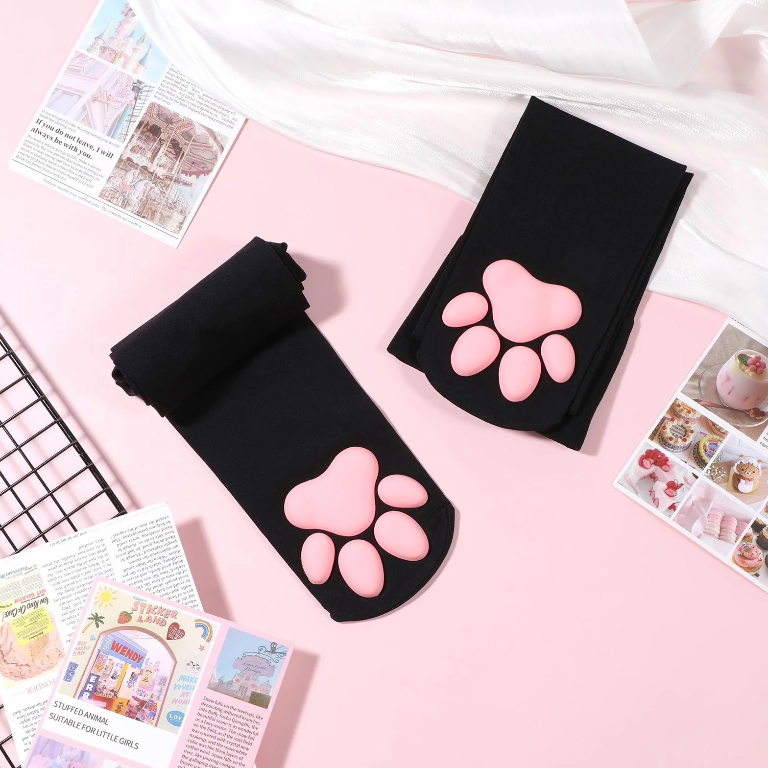 Lusofie Skarpety z łapą kota dla kobiet urocze wysokie skarpety do ud Kawaii miękkie 3D skarpety z łapą kota do kostek skarpety do kolan do cosplayu na Halloween, Czarny, Medium-Large