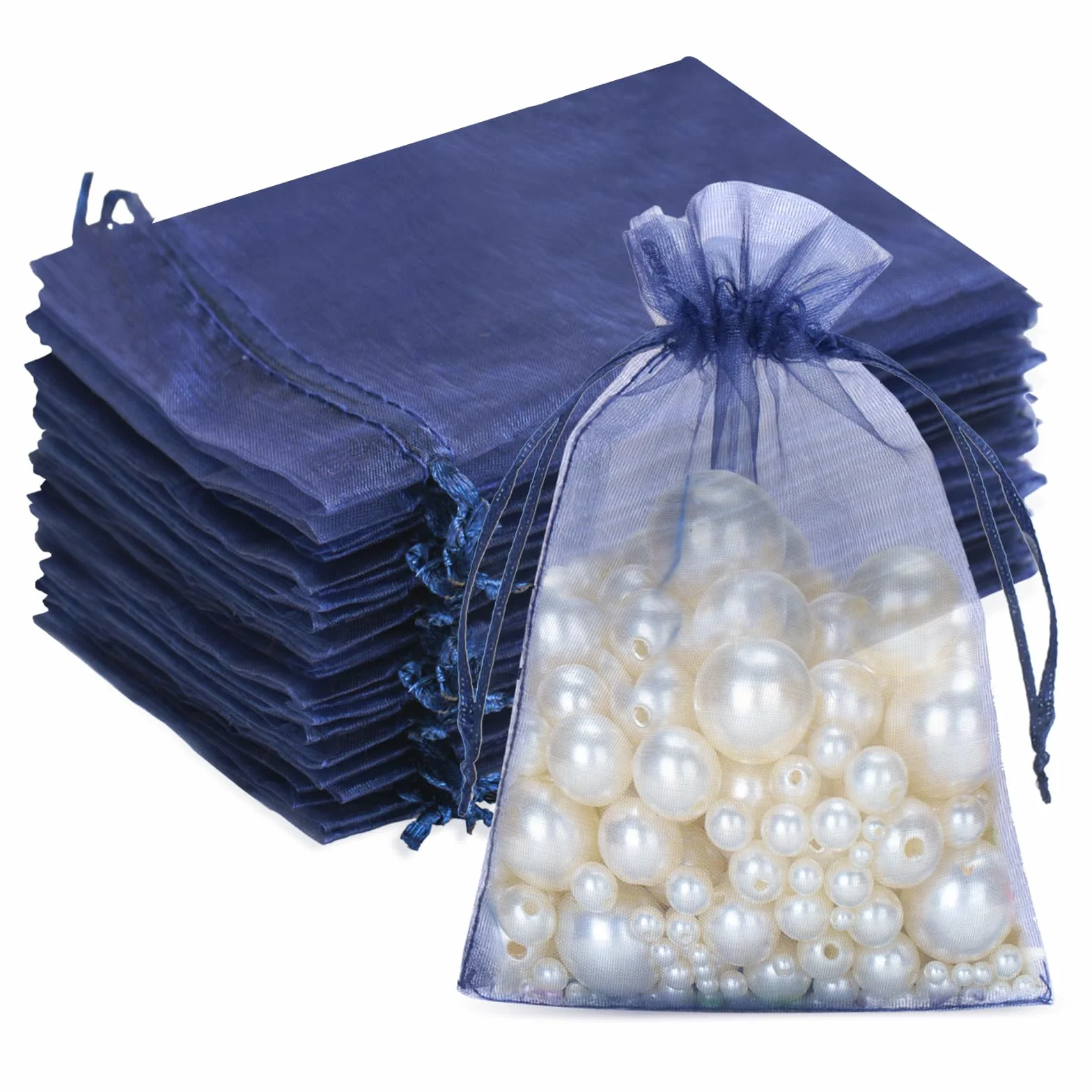 G2PLUS Ciemnoniebieskie woreczki z organzy, 10 x 15 cm, prezenty z organzy, 100 sztuk woreczków z organzy ze sznurkiem ściągającym, jako ślubne torebki na cukierki, woreczek na biżuterię, woreczek na
