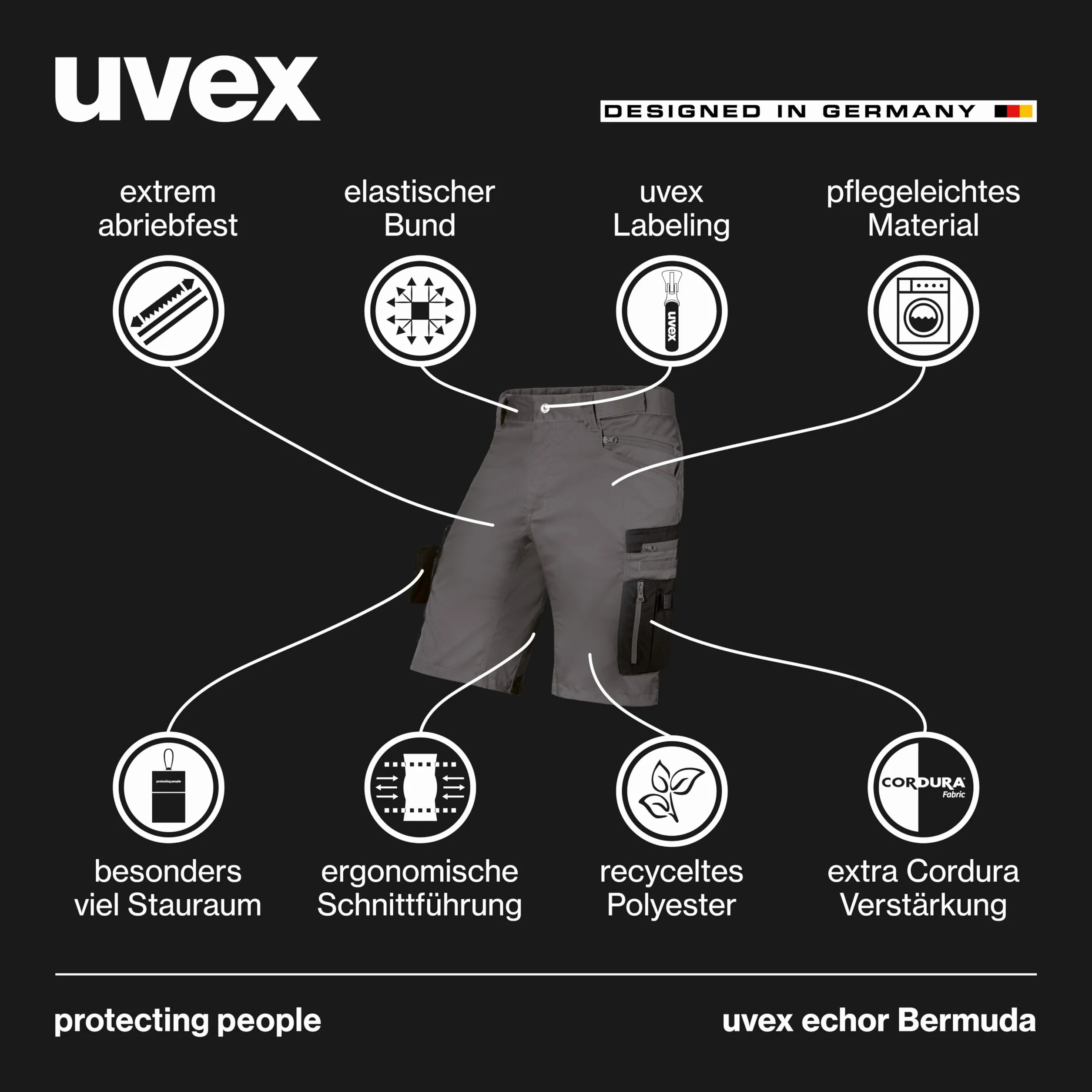 uvex echor Bermudy – krótkie spodnie robocze premium – męskie spodnie cargo – elastyczny ściągacz, lekkie, elastyczne i dużo miejsca do przechowywania