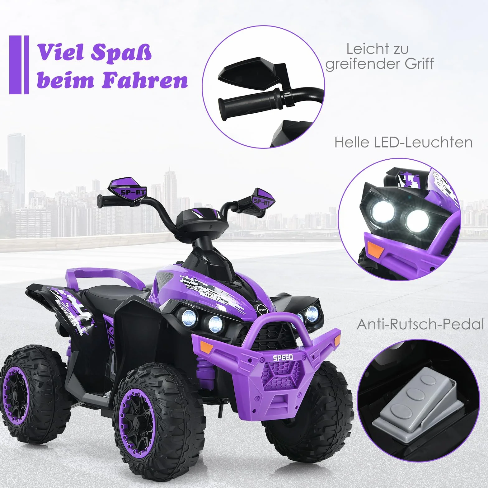 COSTWAY Elektryczny quad dziecięcy 12V, elektryczny quad z muzyką, klaksonem i reflektorami LED, quad dziecięcy 2,2-4,3 km/h, samochód dziecięcy dla małych dzieci od 3 lat (fioletowy)