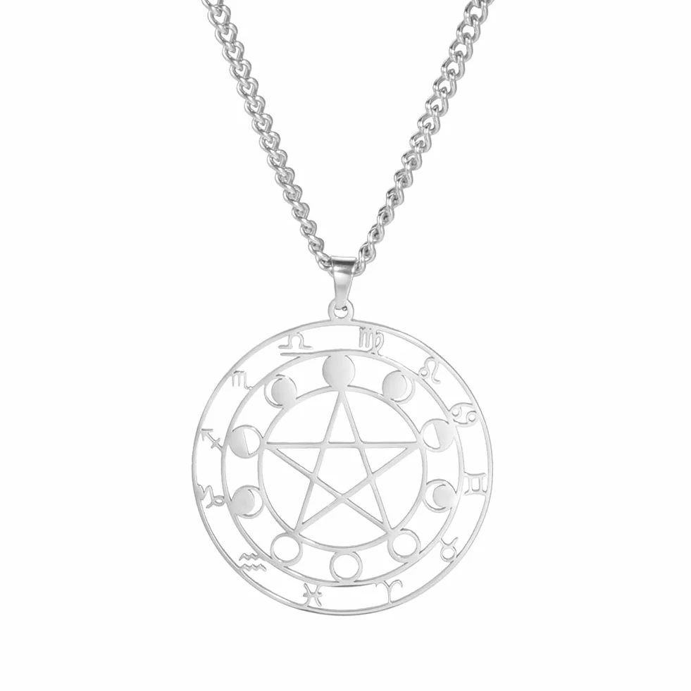 Dreamtimes Naszyjnik z wisiorkiem ze stali nierdzewnej, pentagram, 12 konstelacji, wisiorek celtycka, gwiazda, księżyc, wiccan, pogański naszyjnik, magiczny amulet, biżuteria dla mężczyzn i kobiet