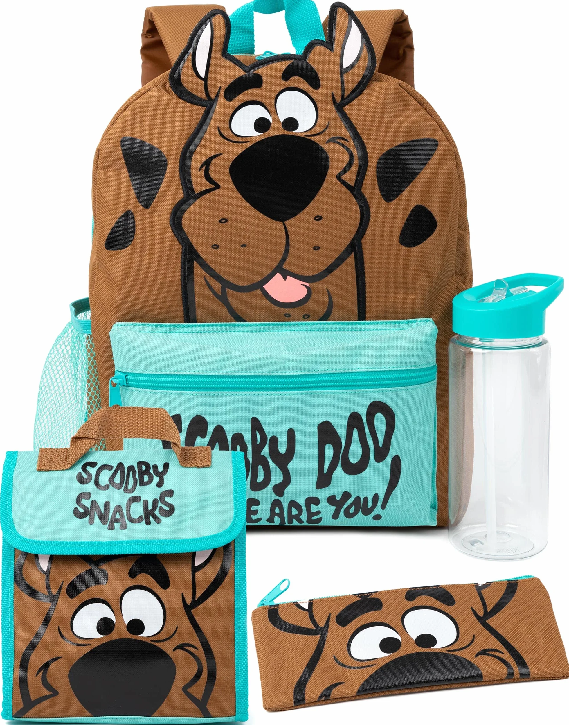 Scooby-Doo! 4-częściowy plecak dla dzieci | Dziewczyny Chłopcy Tajemnica Postać Anime 3D Plecak Uszy Torba na lunch Ołówek Etui i Butelka z Wodą | Prezenty na powrót do szkoły, Kolor: wielokolorow