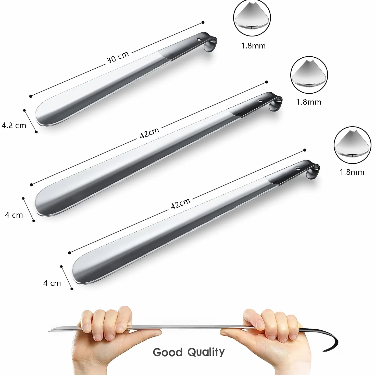 3 sztuki metalowych łyżek do butów, długie, 42 cm i 42 cm i 30 cm, metalowe łyżki do butów, stabilne wykonanie, do podróży, dla kobiet w ciąży, osób starszych