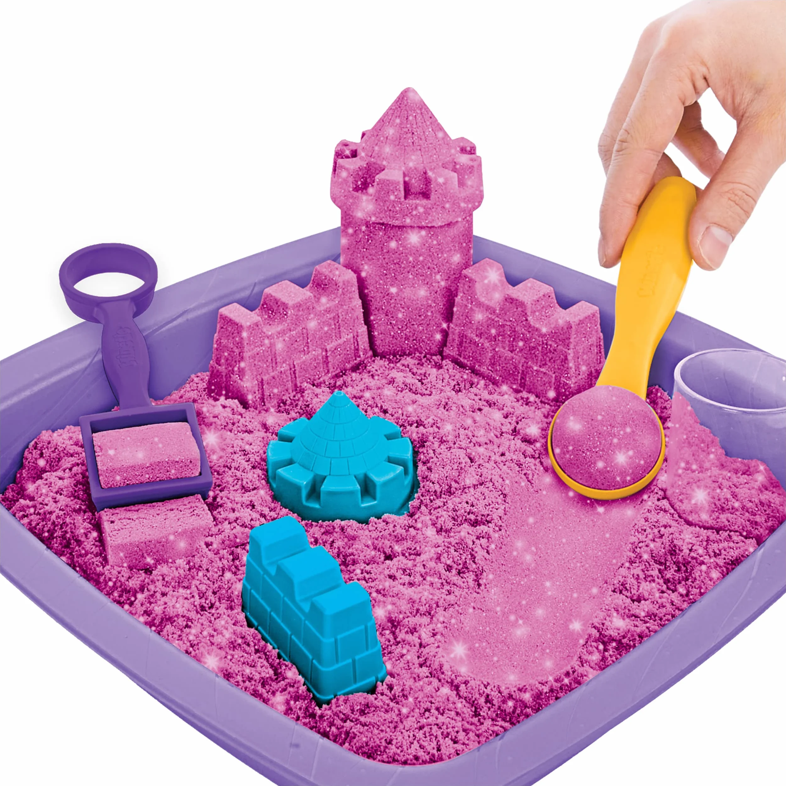 Kinetic Sand Kinetic Shimmer Sand Castle 454 g kolorowy błyszczący różowy z 3 akcesoriami i tacą w zestawie zabawki dla dzieci i dziewcząt w wieku 3 lat