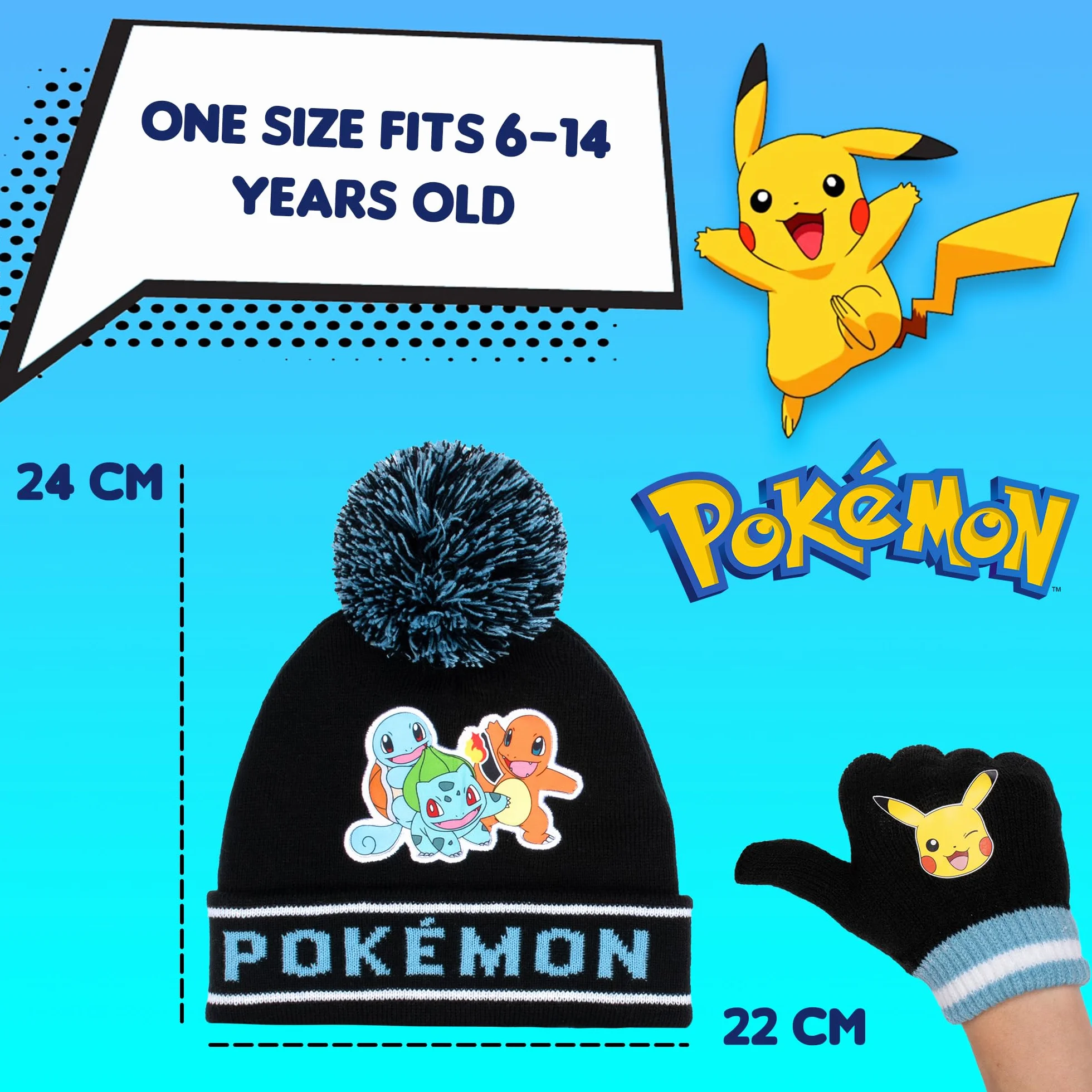 Pokemon Zimowa ciepła i wygodna czapka beanie i rękawiczki zestaw dla chłopców - wzór pikachu - idealny dla chłopców w wieku 6-12 lat - zestaw upominkowy