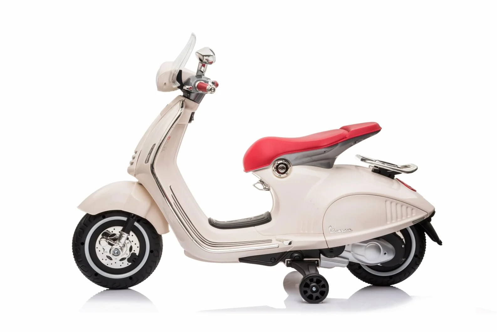 Jeździk skuter dla dzieci Vespa, pojazd od 3 roku, biegi przód/tył, plastikowe koła, silnik 2x30W (Biały)