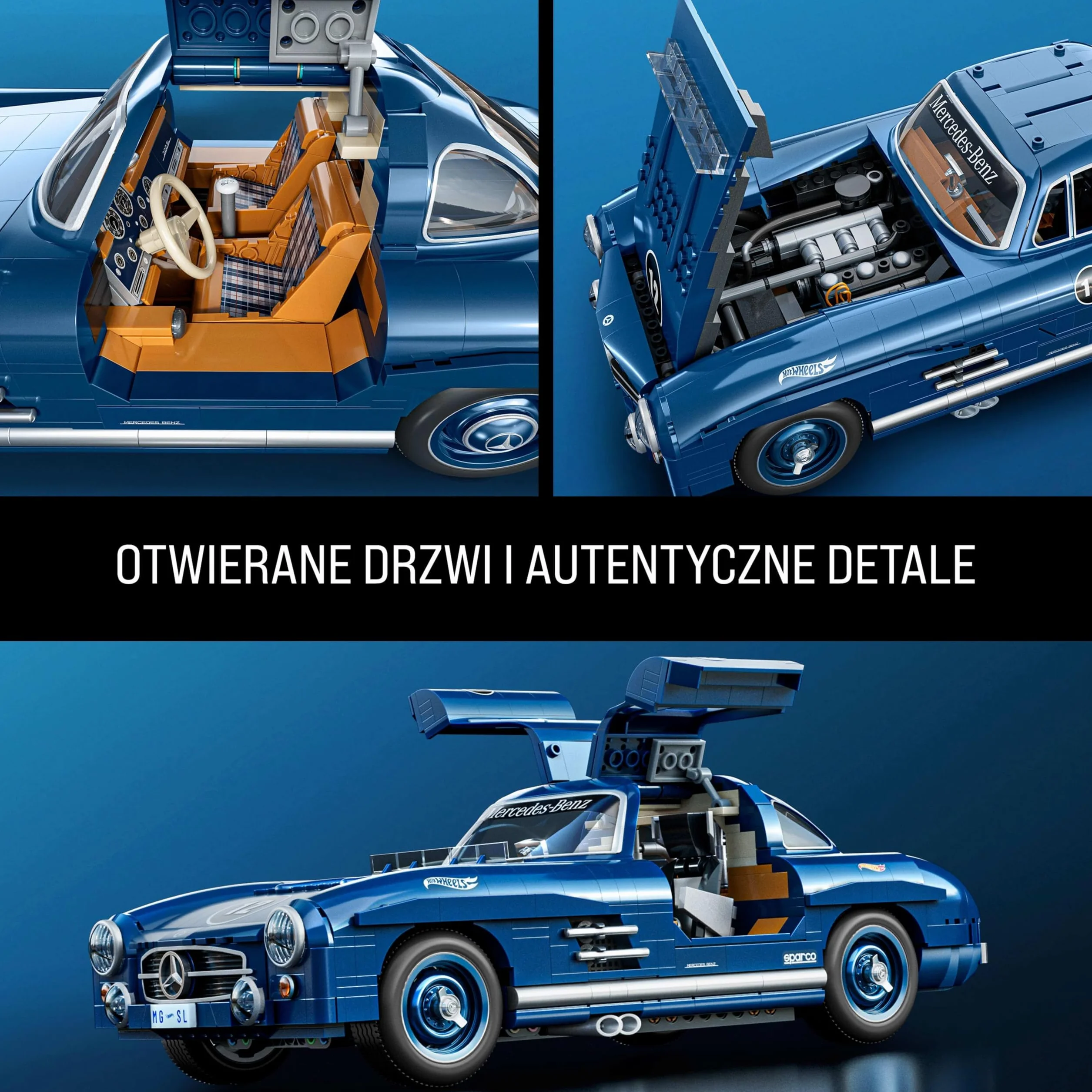 Hot Wheels Mercedes-Benz 300 SL Samochód kolekcjonerski do zbudowania z klocków w skali 1:12 (1600 elementów) i metalowy minimodel, kolekcjonerski zestaw prezentowy, HWW25
