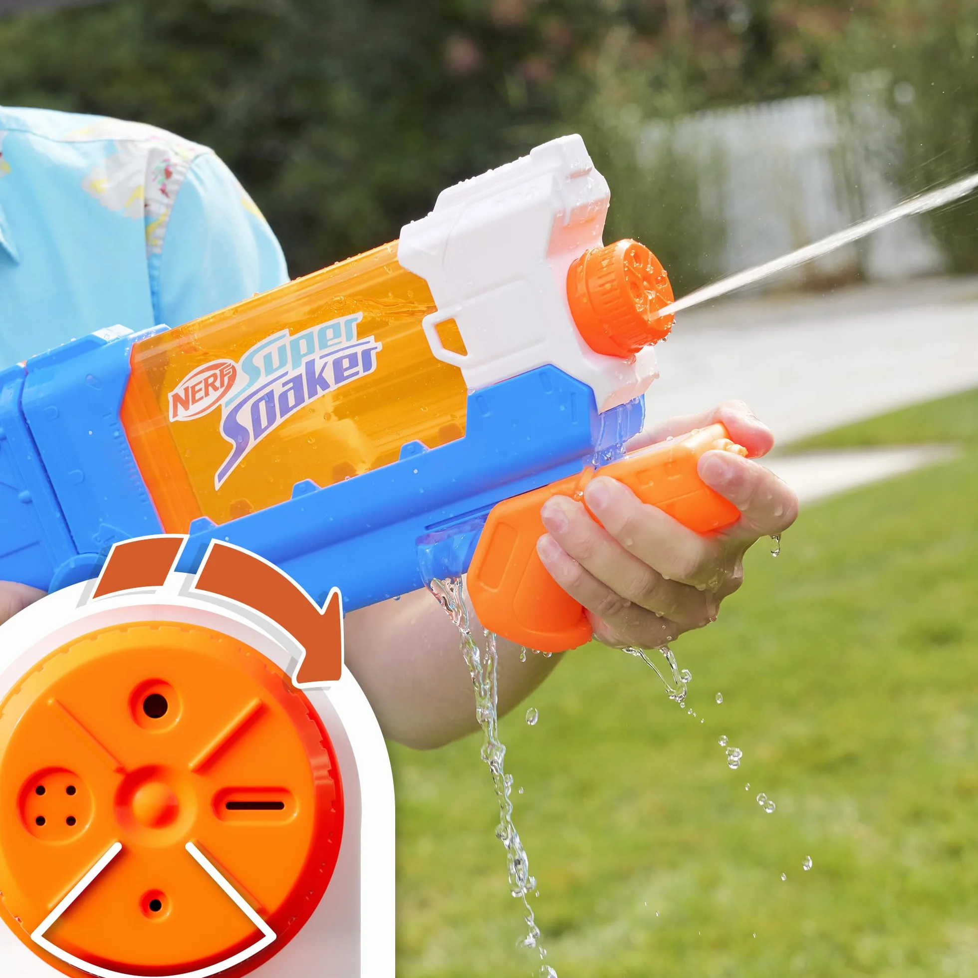 NERF Wyrzutnia wodna Nerf Super Soaker Flip Fill, 4 style polewania, szybkie napełnianie, zbiornik o pojemności 887 ml, wodne zabawki
