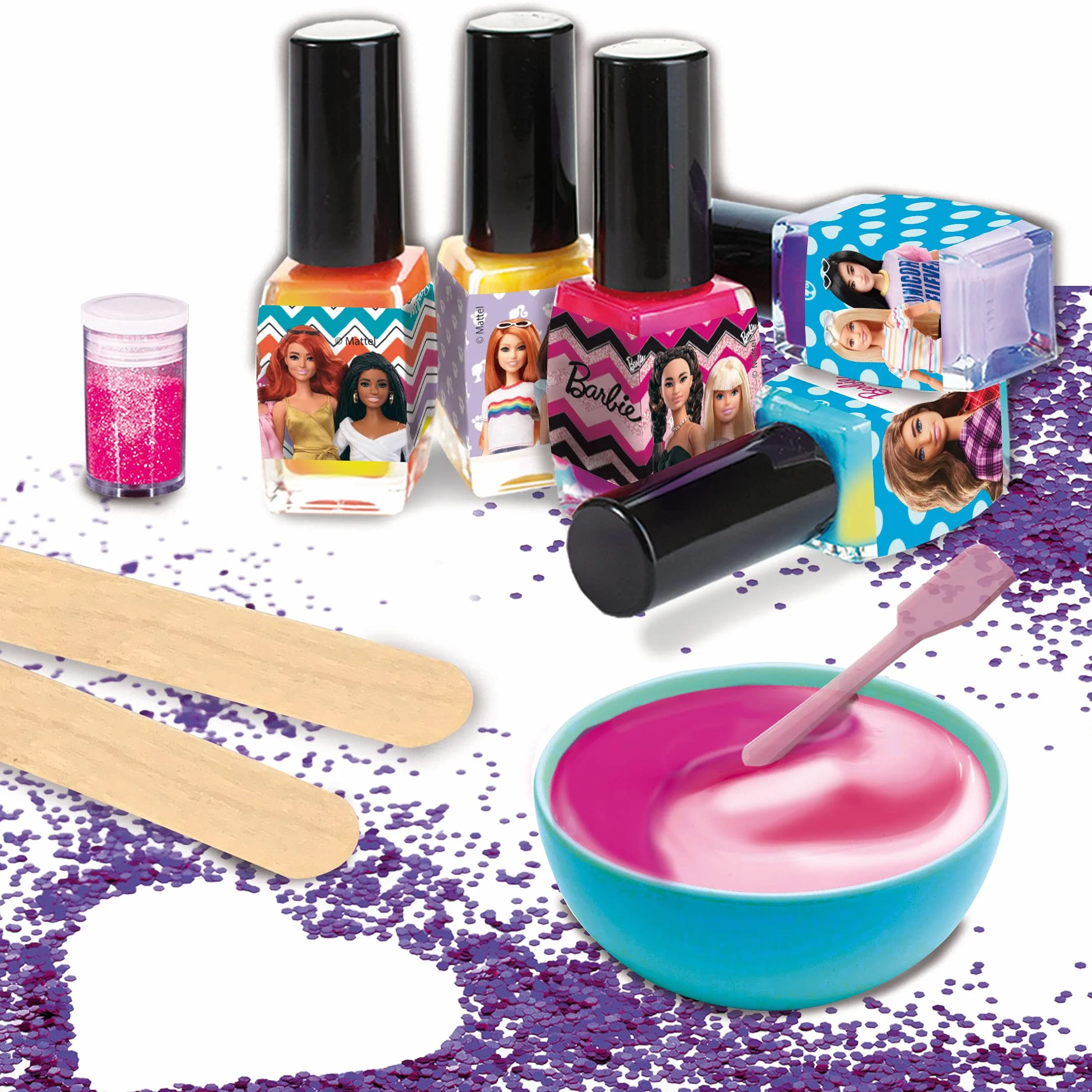 lisciani 97982 Barbie zmieniający kolor lakieru do paznokci do samodzielnego wykonania, zmienia kolor w przypadku kontaktu z wodą, zawiera 1 podstawę, pigmenty, brokat, akcesoria i naklejkę,