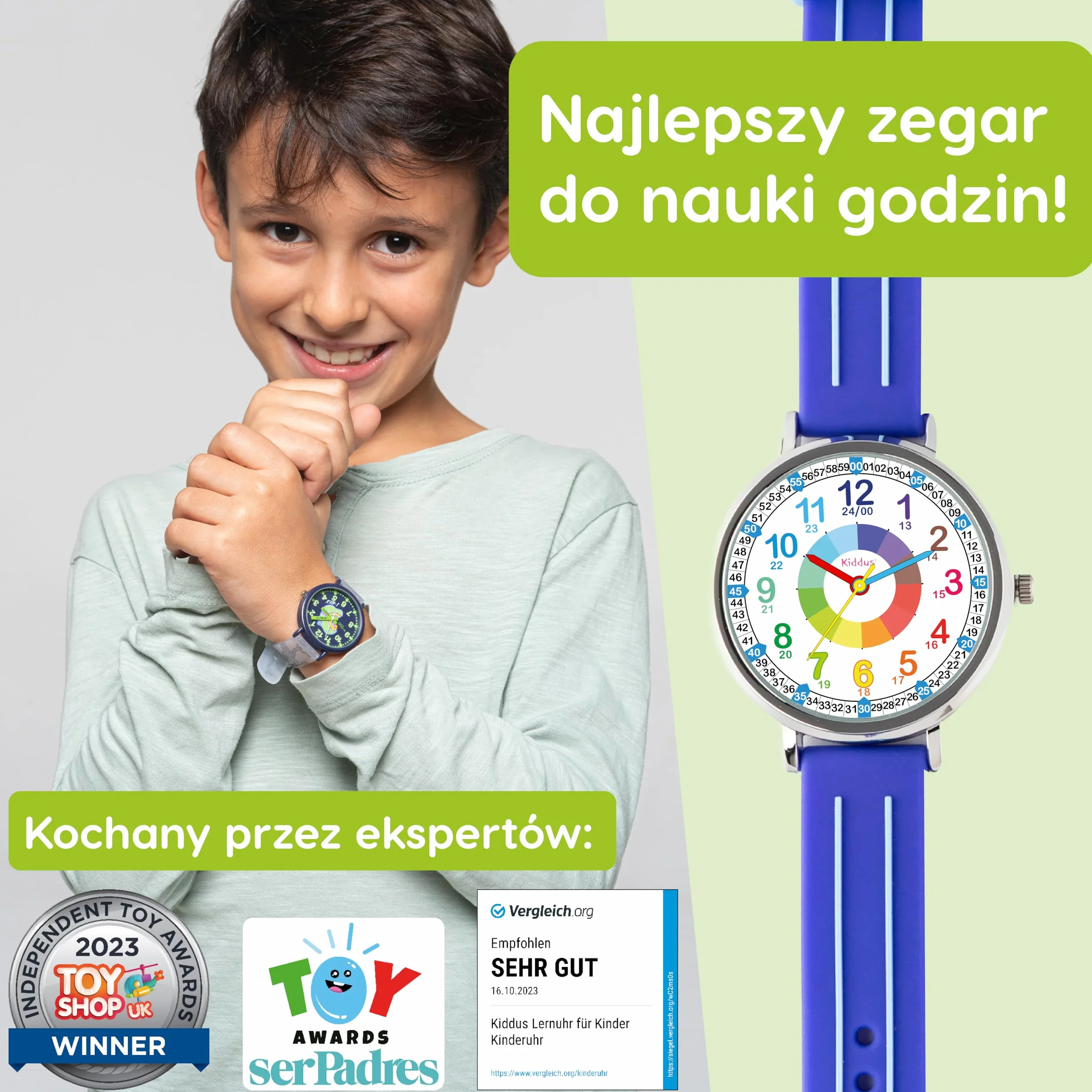 Kiddus Zegarek Edukacyjny Analogowy dla chłopca, dziewczynki. Naucz się Czytać Godzinę z naszym prostym systemem Time Teacher. Zawarte ćwiczenia. Mechanizm kwarcowy.