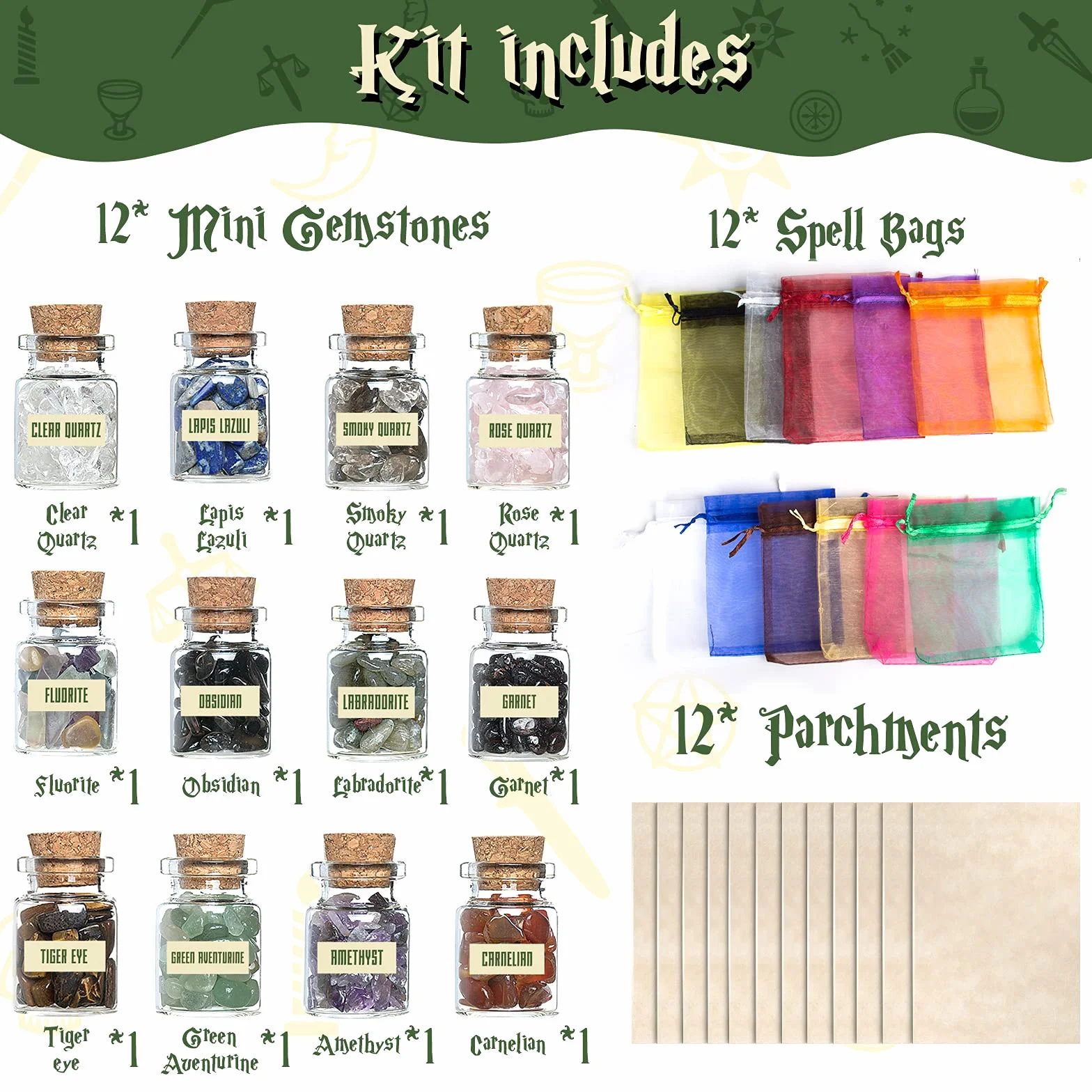 Hexenbastel-Starter-Set, Hexenzubehör für Wicca-Altar- 63 Stück Kristalle, getrocknete Kräuter, farbige Zauberkerzen, Charmtüten und Ritual Hexensalz für Zaubersprüche, Babyhexen