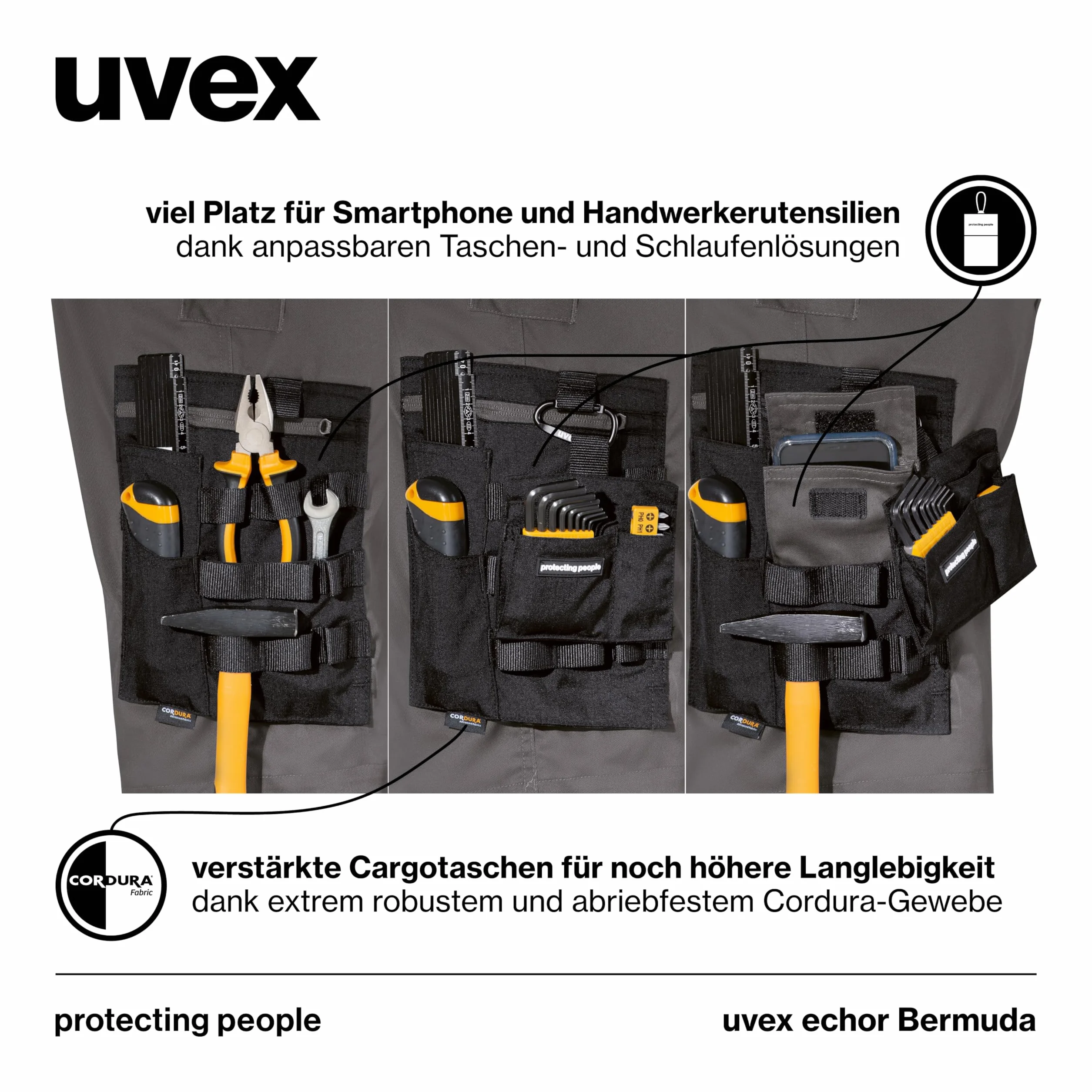 uvex echor Bermudy – krótkie spodnie robocze premium – męskie spodnie cargo – elastyczny ściągacz, lekkie, elastyczne i dużo miejsca do przechowywania